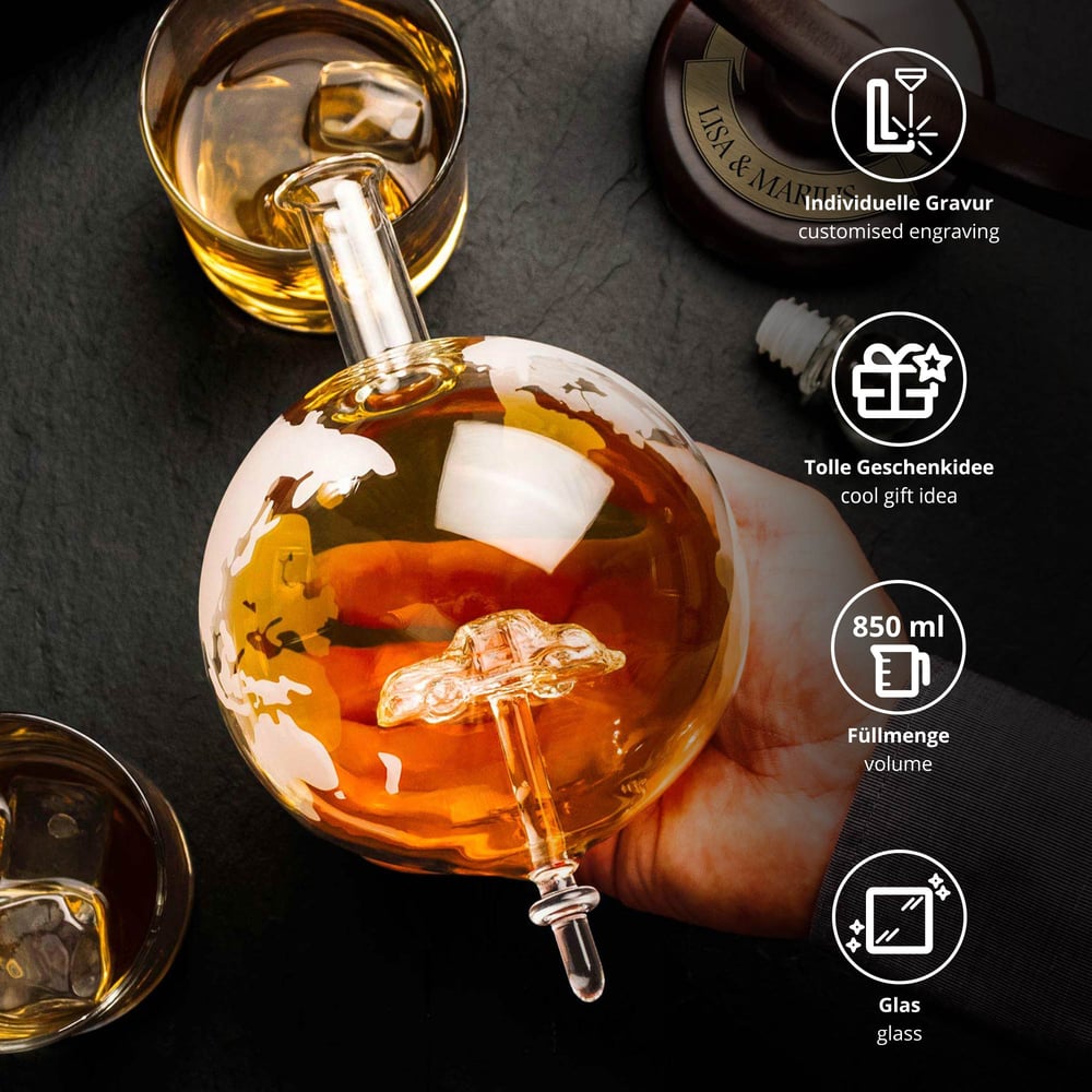Whiskykaraffe - Globus Auto - Namensplakette, Whiskykaraffe - Globus Auto - Namensplakette, Glasdekanter, Geschenke für den Partner, Decanter