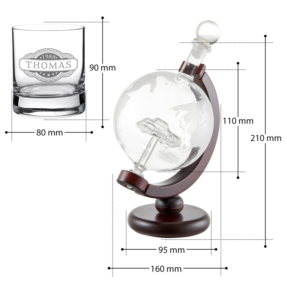 Whiskyset Globus Karaffe und graviertes Glas Banderole