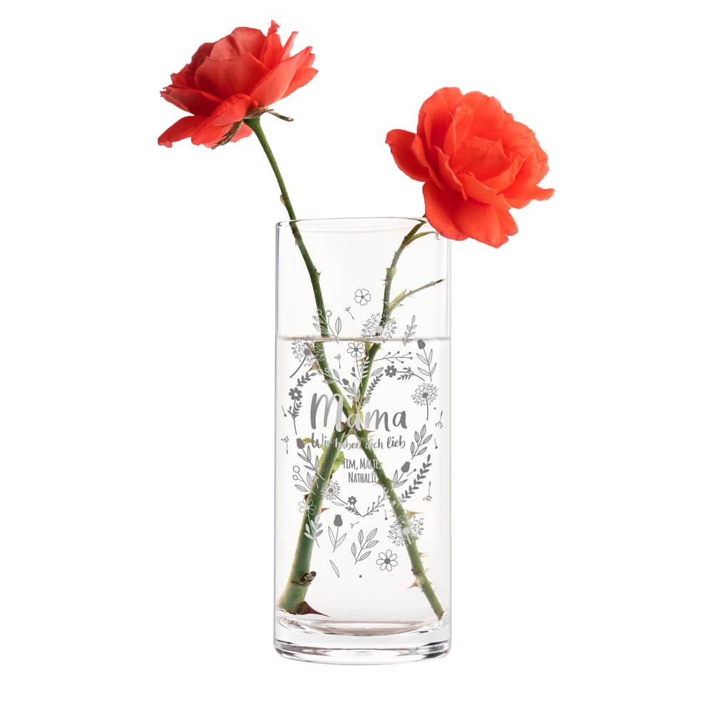 Gravierte Blumenvase aus Glas für Mama, runde Vase mit Gravur als Muttertagsgeschenk, Deko Glasvase mit persönlicher Botschaft als Geschenk für Mü