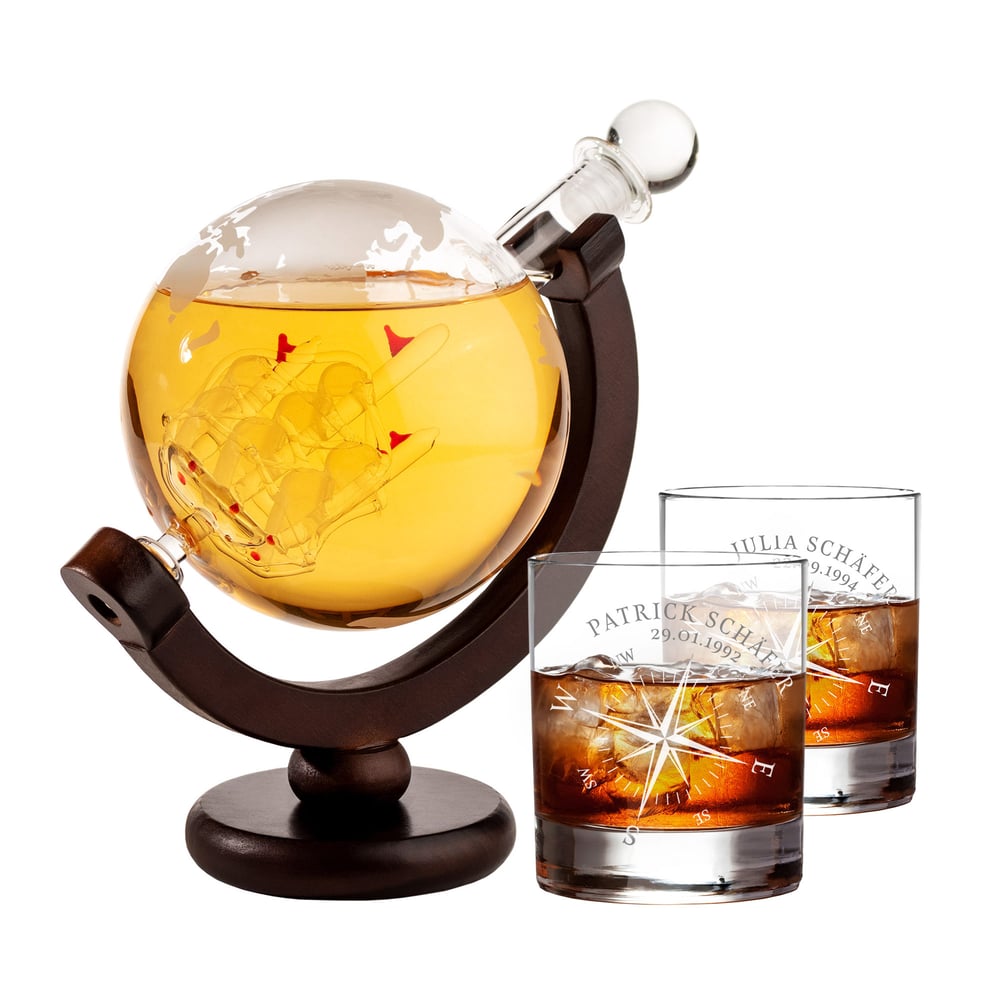 Set - Whiskykaraffe Globus - Zwei Whiskygläser mit Gravur - Kompass - personalisiert