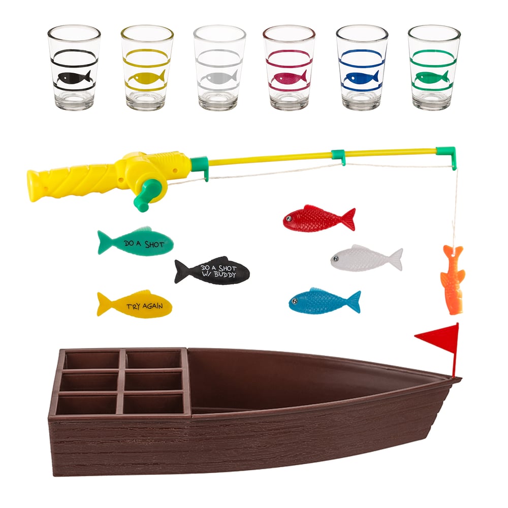 Fische angeln Trinkspiel mit Gläsern, Shot Angelspiel als Party Saufspiel, Fische angeln als lustiges Trinkspiel, Fishing game mit Schnapsgläsern