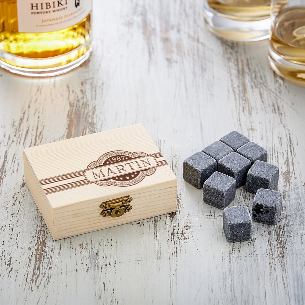 Whiskysteine in Holzbox mit Gravur - Banderole - personalisiert