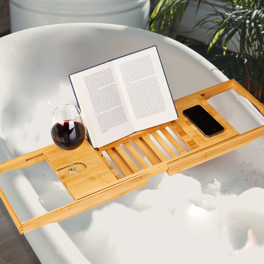 Badewannen Gestell mit Glashalterung, Badewannenablage mit abgesenkter Ablagefläche, Größenverstellbares Badewannenbrett mit Buchstütze