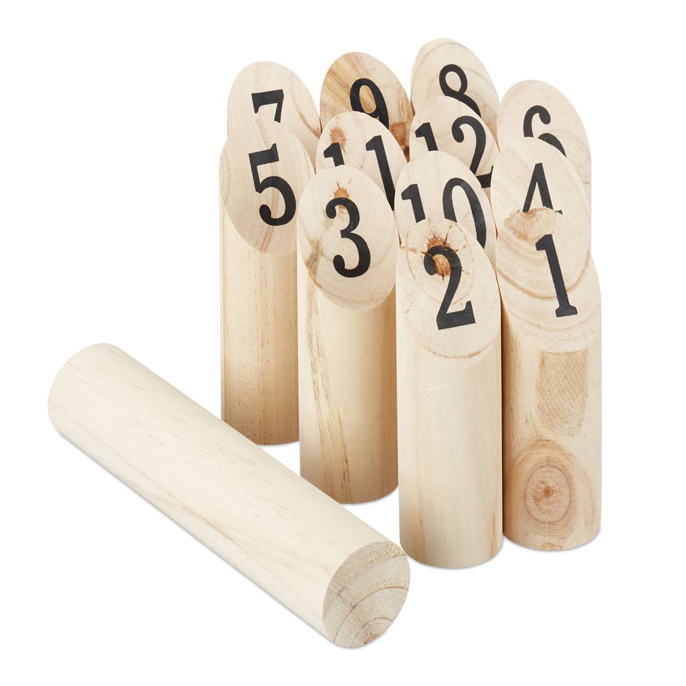 Finnland Spiel mit Zahlenkegeln und Wurfholz, Wikinger Holzspiel zum Zielwerfen, Finn Kubb Gartenspiel für die Familie, Finnisches Wurfspiel aus Holz