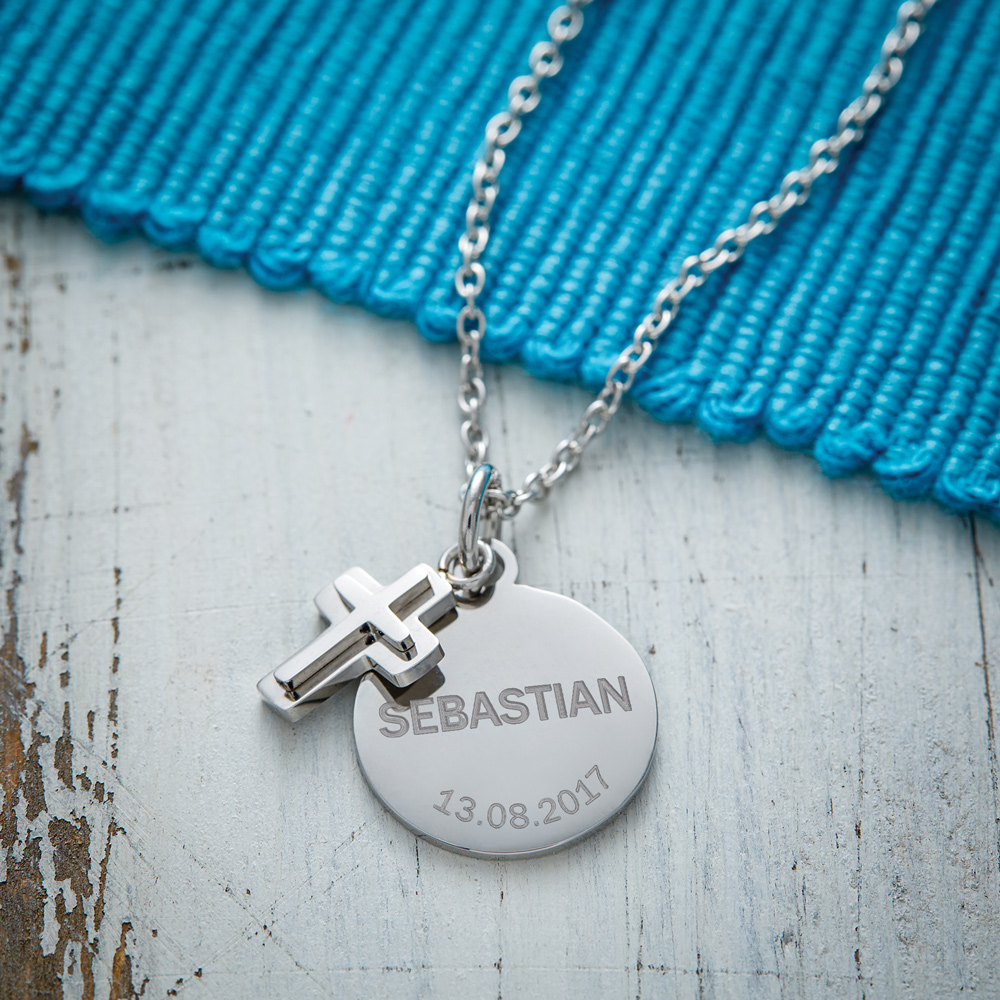 Kreuzanhänger und Plakette mit Gravur - Silber Kreuzanhänger und Plakette mit Gravur - Silber