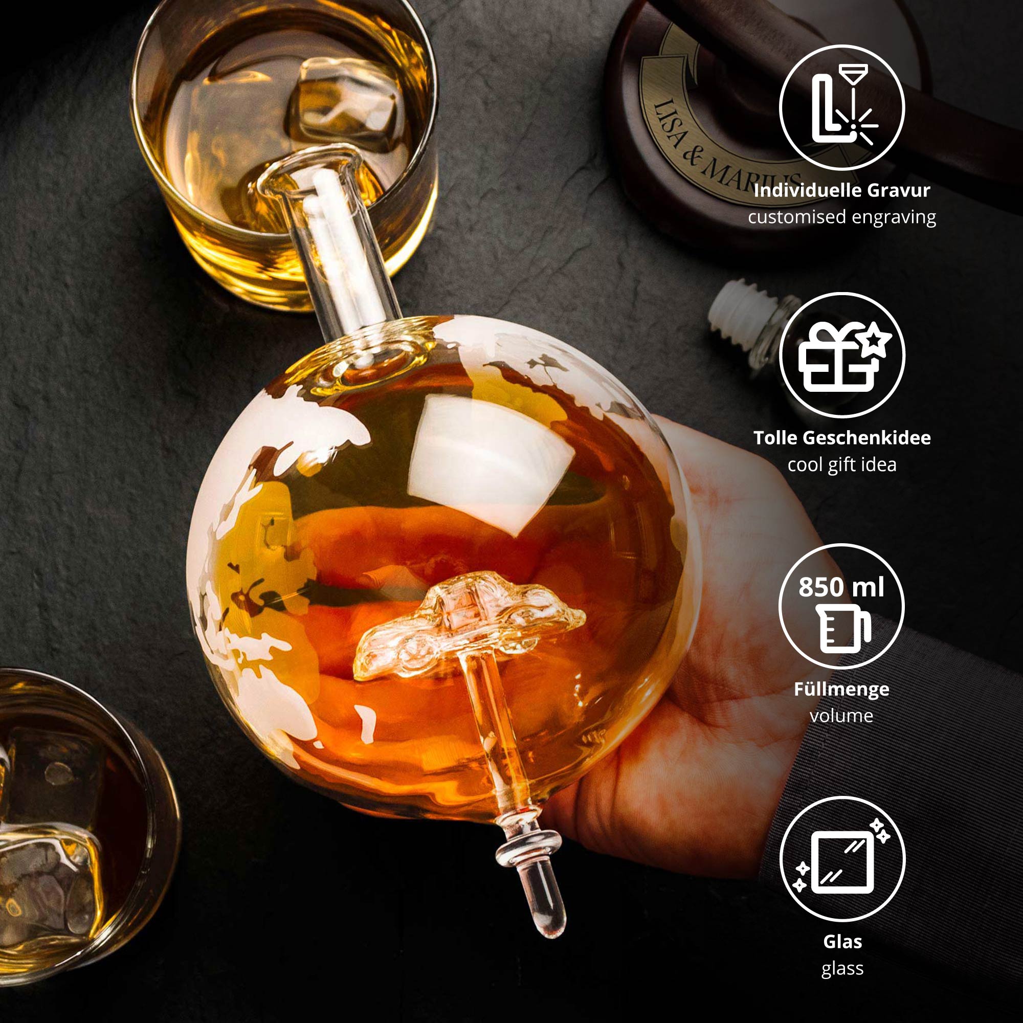 Whiskykaraffe - Globus Auto - Namensplakette, Whiskykaraffe - Globus Auto - Namensplakette, Glasdekanter, Geschenke für den Partner, Decanter