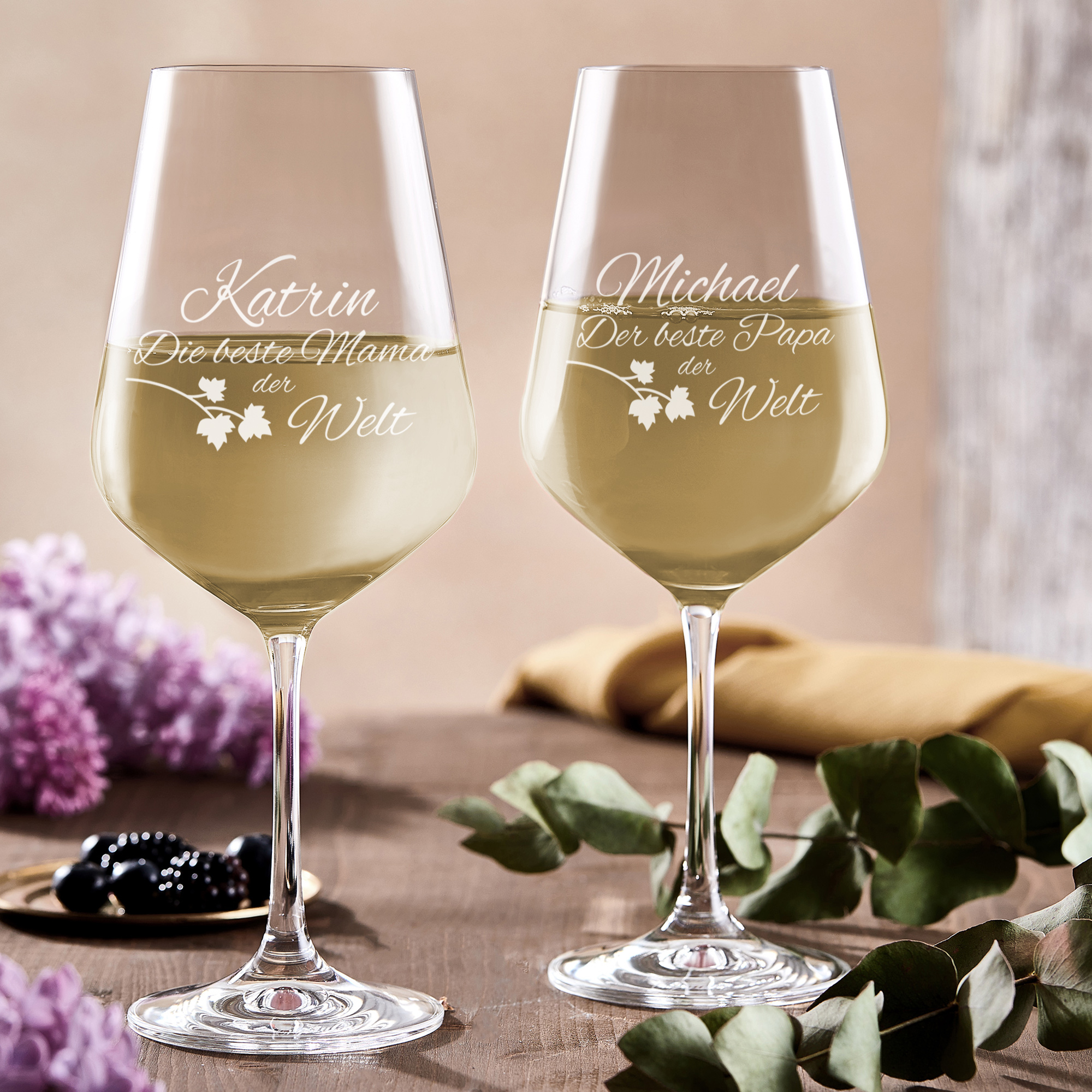 2er Set Weißweingläser mit Gravur für die Eltern, 2er Set Weißweingläser mit Gravur für die Eltern - Banderole, weißweingläser mit gravur, Ges