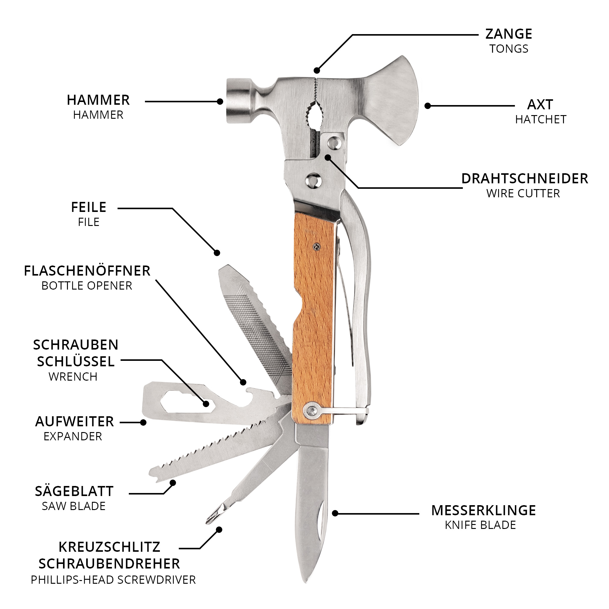 Axt Multifunktionswerkzeug - 11in1 Multitool Gadget mit Tasche