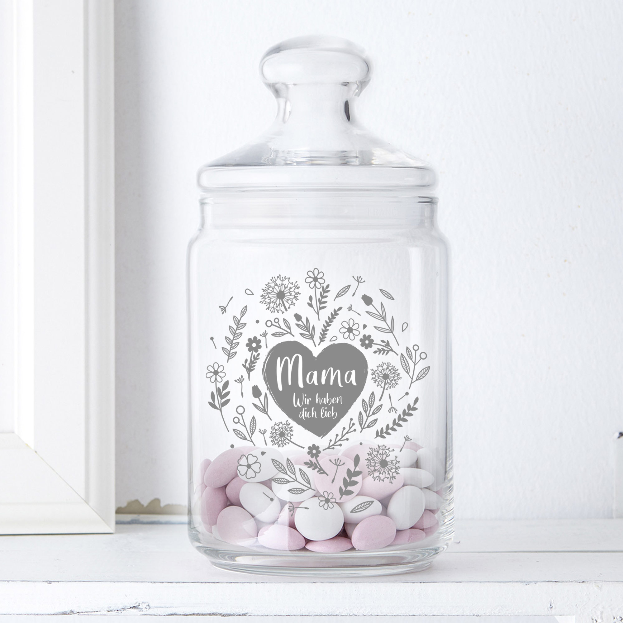 Bonboniere als Muttertagsgeschenk, Vorratsglas mit Blumenherz Motiv, Aufbewahrungsglas mit luftdichtem Verschluss, Süßigkeiten Glas mit Gravur