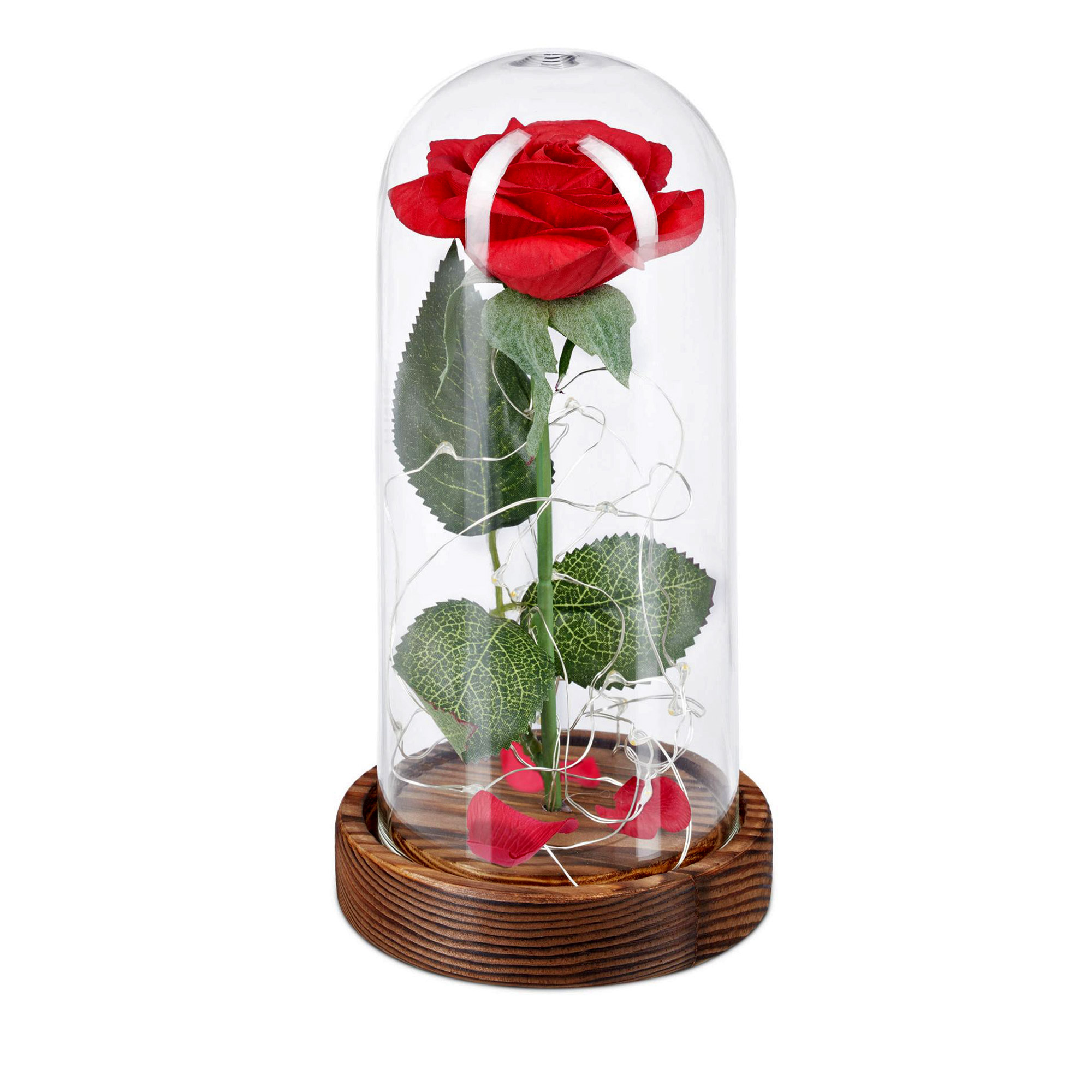 Kunstrose unter Glaskuppel, Rote Rose, Glasglocke mit Rose, Geburtstagsgeschenke, LED-Beleuchtung