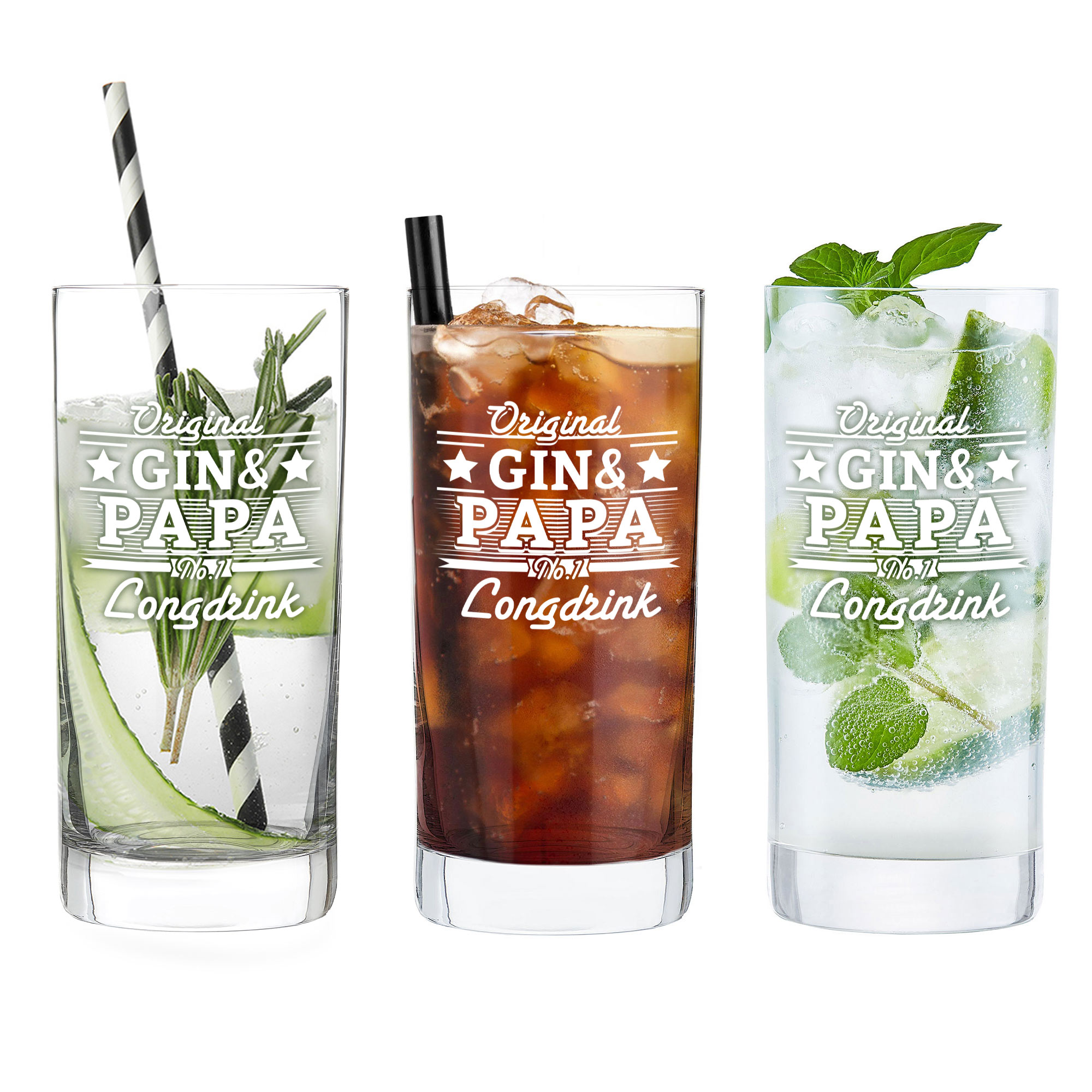 Trinkglas als Geschenk für Papa, Longdrink Glas mit 500 ml Füllmenge, Ginglas als Vatertagsgeschenk, Glas mit Gravur für Papa, Graviertes Wassergla