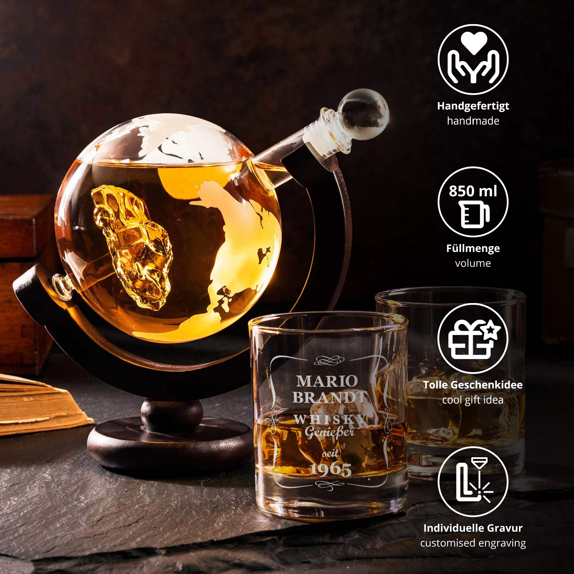 Whiskyset Karaffe Globus mit Auto und graviertes Whiskyglas 3