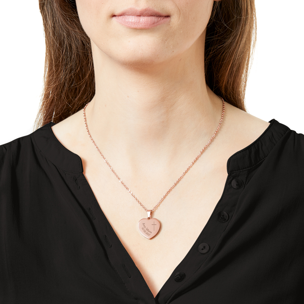 Kette mit Herz-Anhänger - Kreuzkette mit Gravur Kreuz und Datum - Roségold Kette mit Herz-Anhänger - Kreuzkette mit Gravur Kreuz und Datum - Roségold