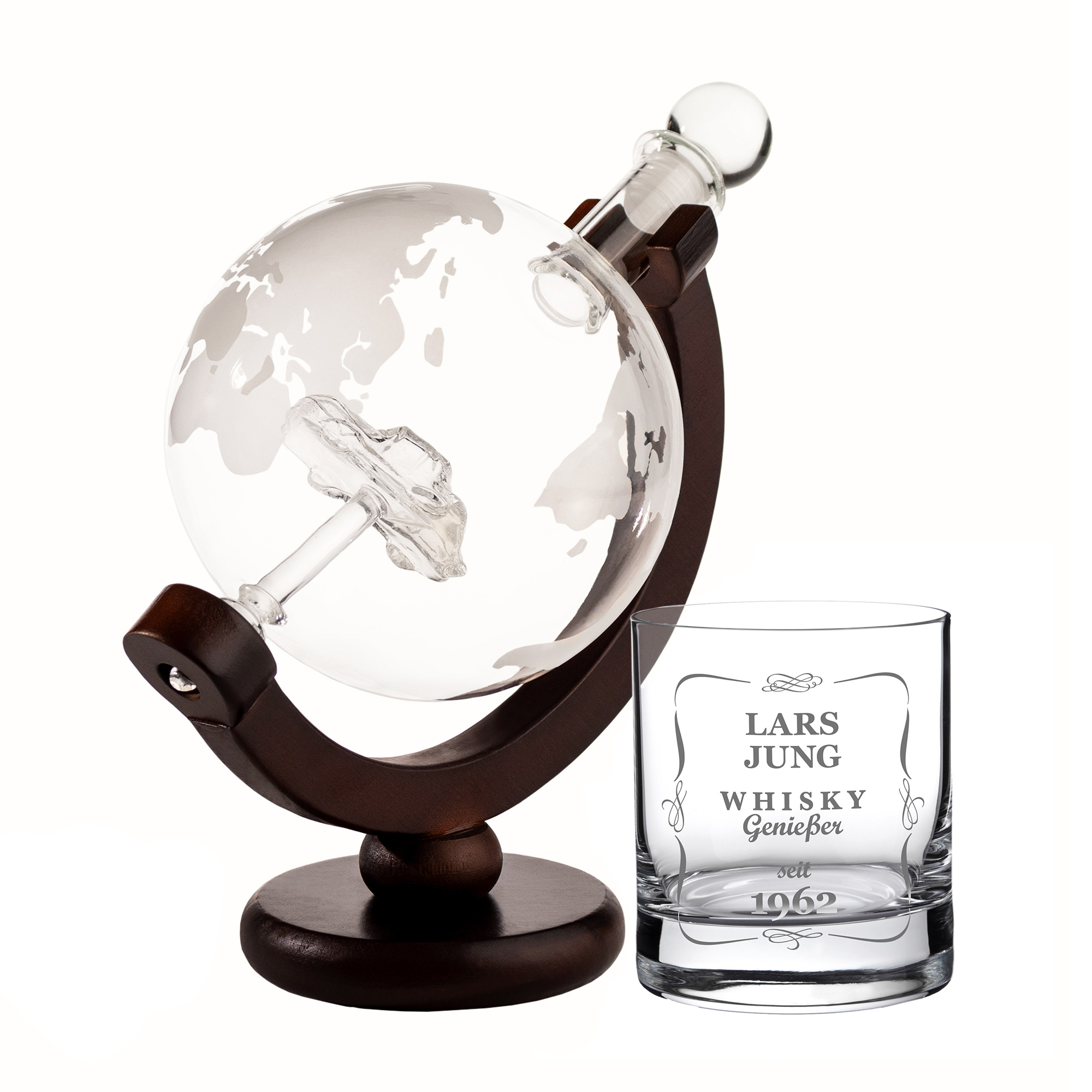 Whiskyset Karaffe Globus mit Auto und graviertes Whiskyglas 4