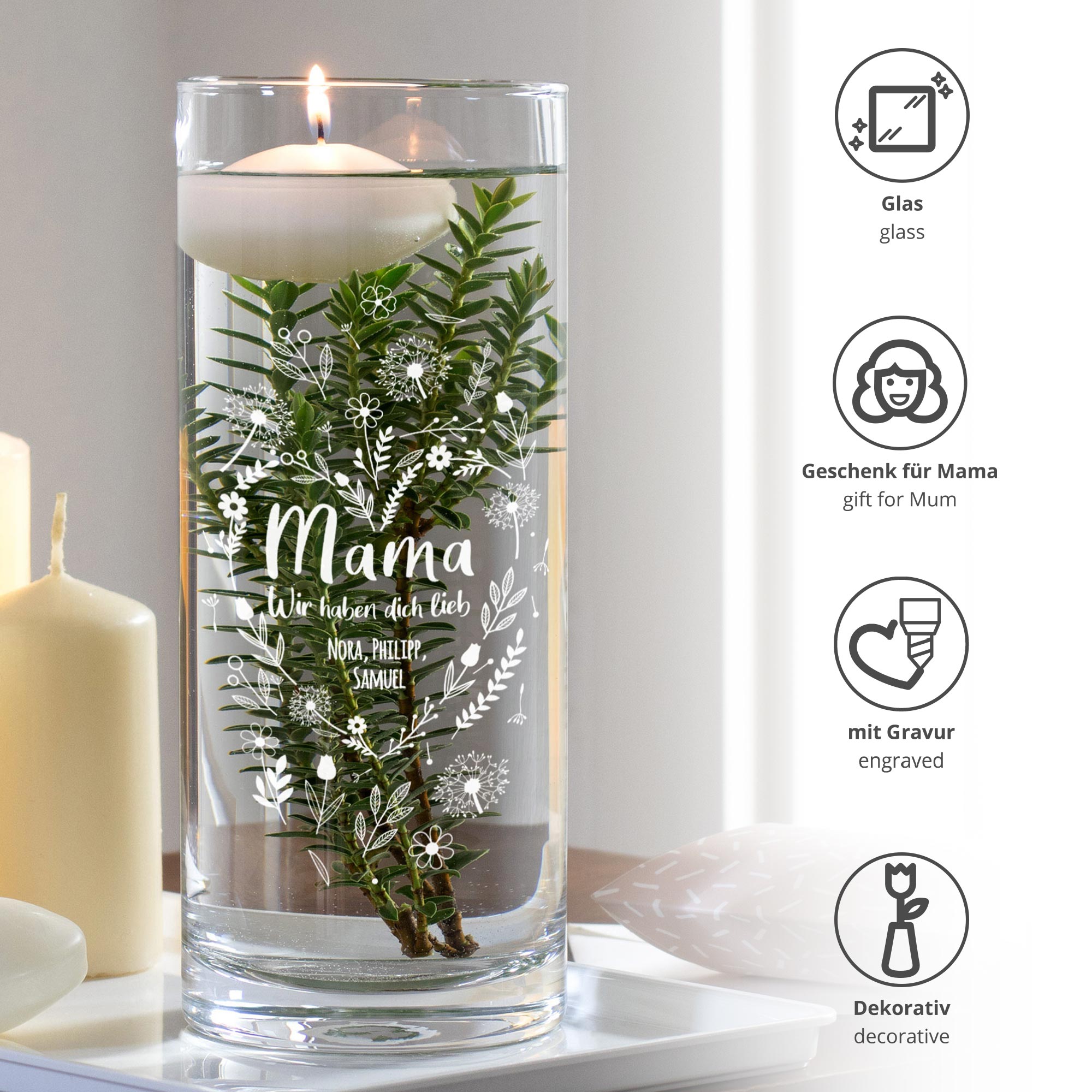 Runde Vase mit Blumenherz Gravur - personalisiert für Mama 4