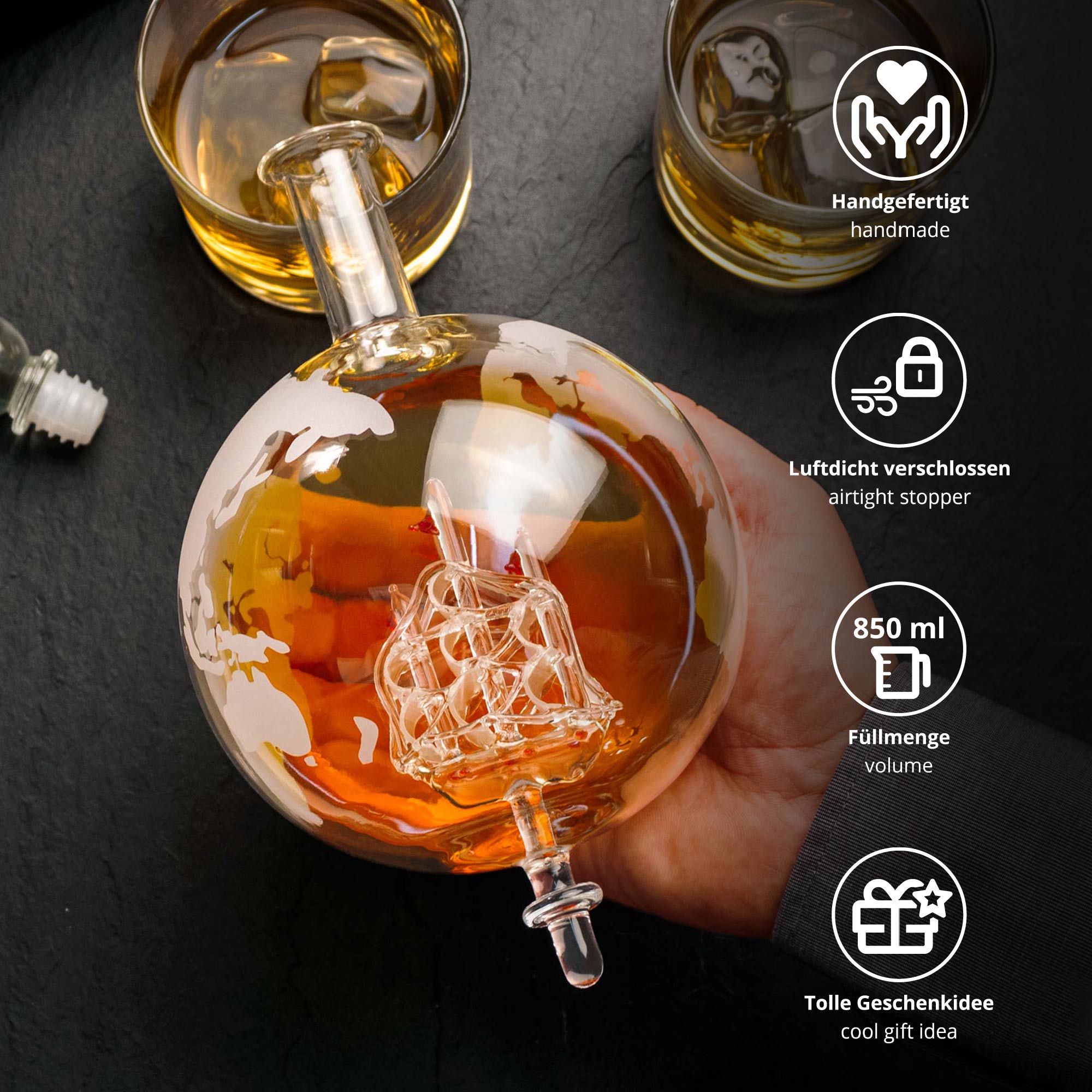 Whiskykaraffe - Globus - Glasdekanter, Whiskykaraffe - Globus - Glasdekanter - Männergeschenk, Whisky Karaffe, Geburtstagsgeschenke, Glaskaraffe