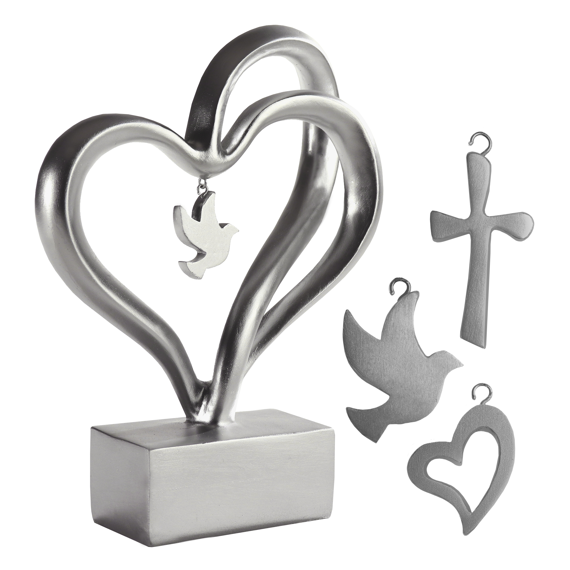 Silberne Deko Skulptur in Herzform, Silber Herz als edle Dekofigur, stillvolles Dekoherz mit austauschbaren Taube-, Herz- und Kreuzanhängern