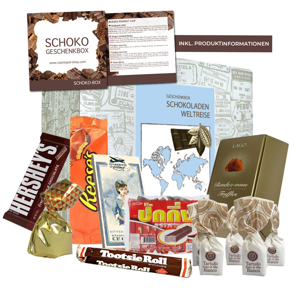 Geschenkbox mit internationalen Süßigkeiten, Naschende Weltreise, Paket mit Schokolade aus aller Welt