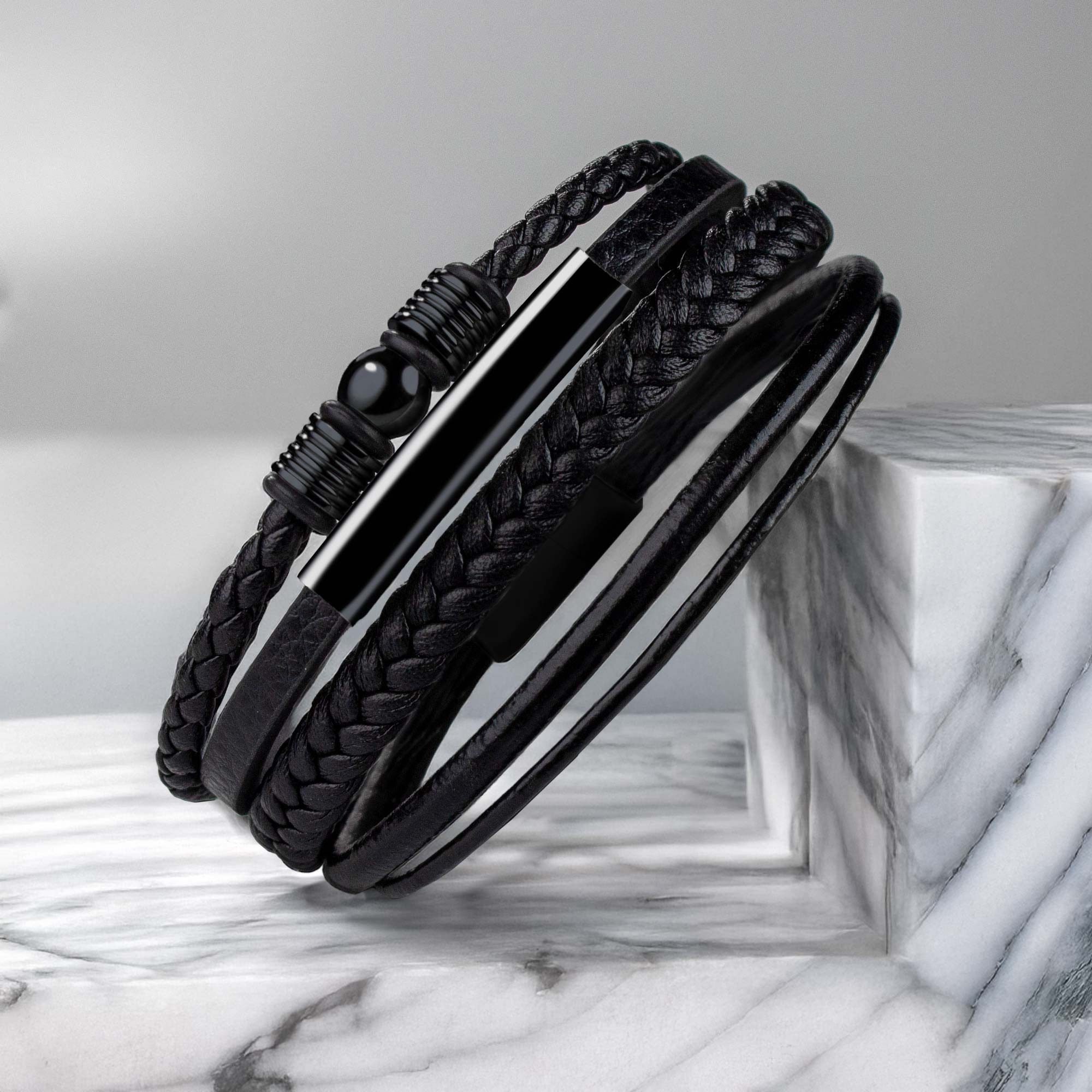 Geflochtenes Lederarmband mit Beads Schwarz - Herren Armband