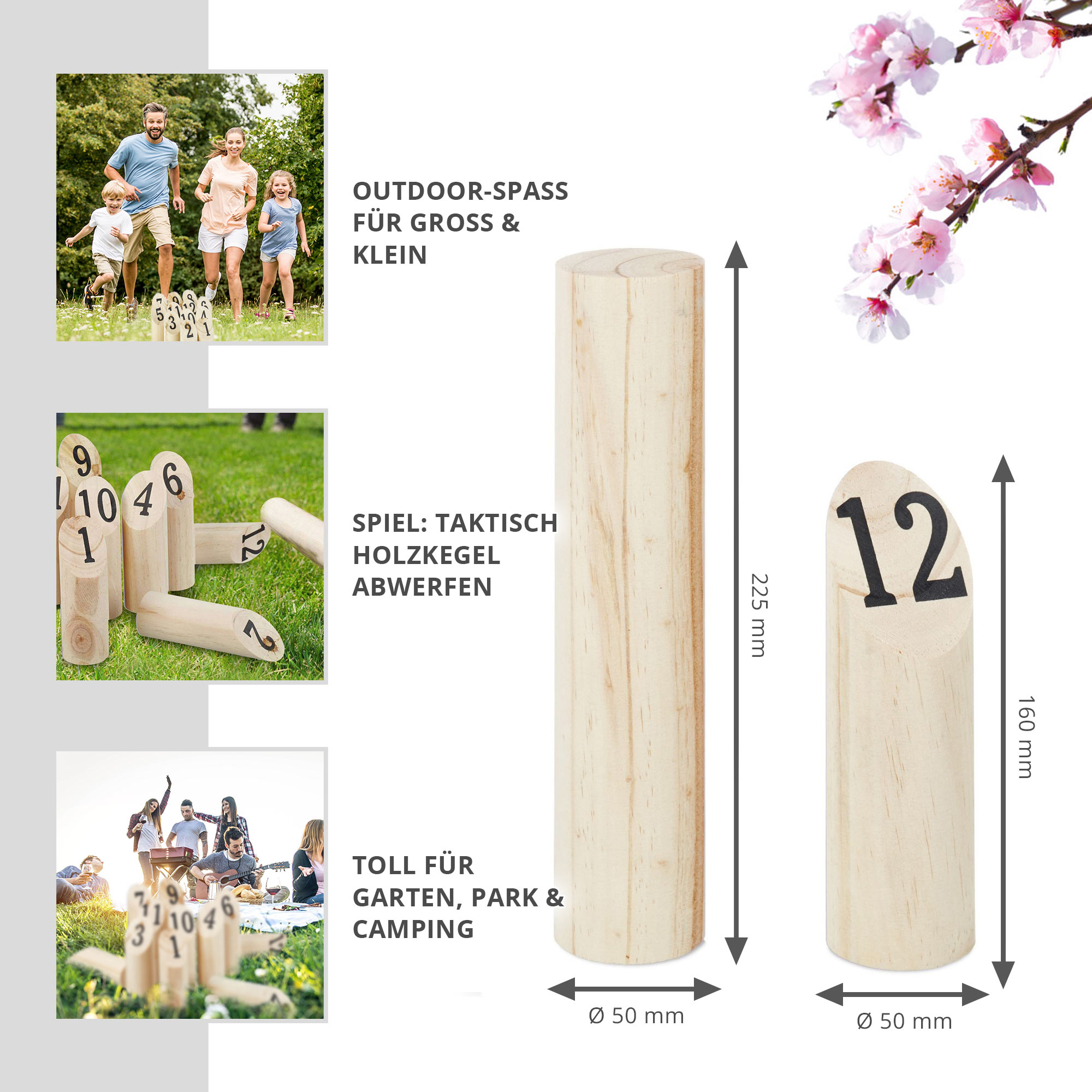 Finnland Spiel mit Zahlenkegeln und Wurfholz, Wikinger Holzspiel zum Zielwerfen, Finn Kubb Gartenspiel für die Familie, Finnisches Wurfspiel aus Holz