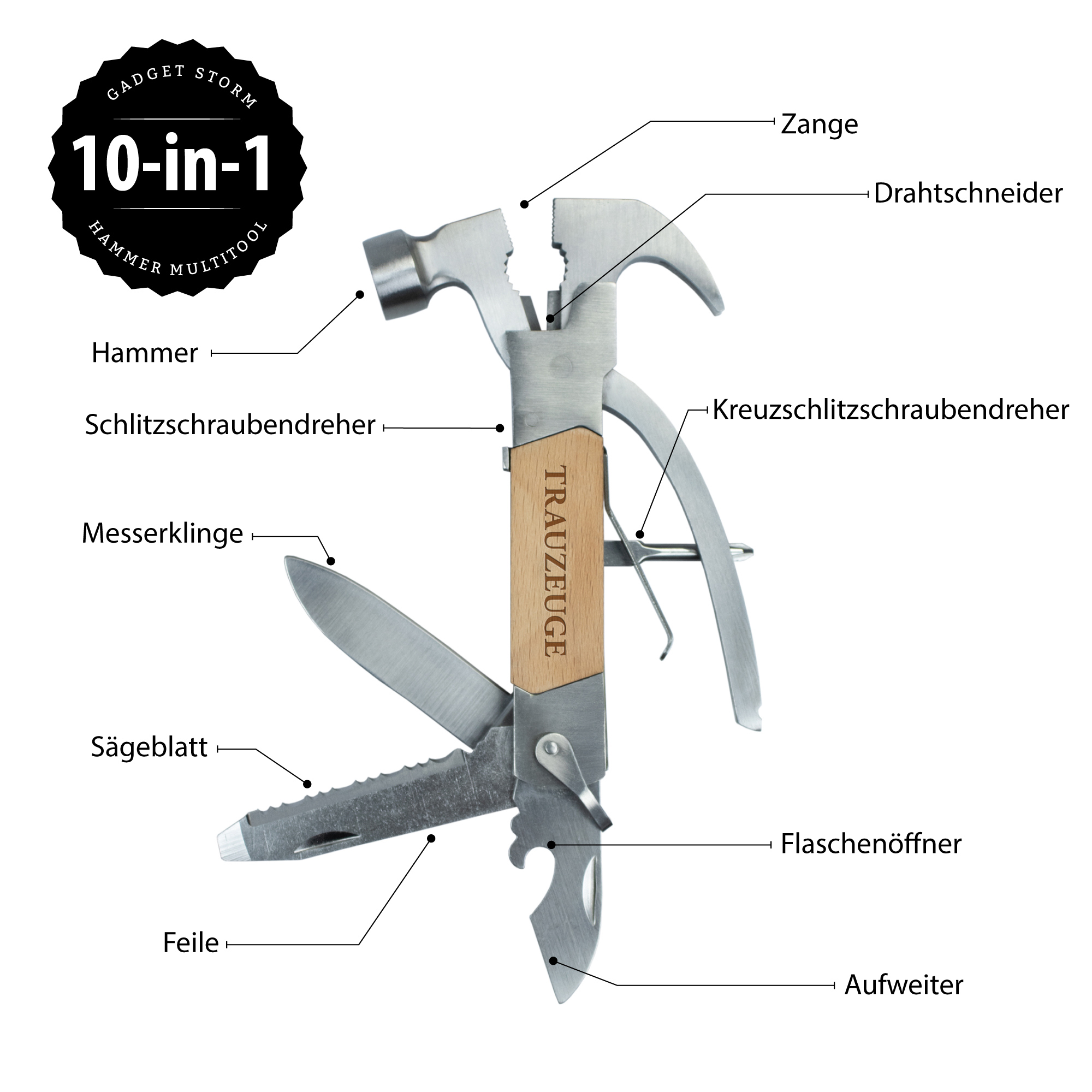 Graviertes Werkzeug mit 10 Funktionen, 10in1 Multi Tool für den Trauzeugen, Holzhammer Multifunktionswerkzeug mit "Trauzeuge" Gravur