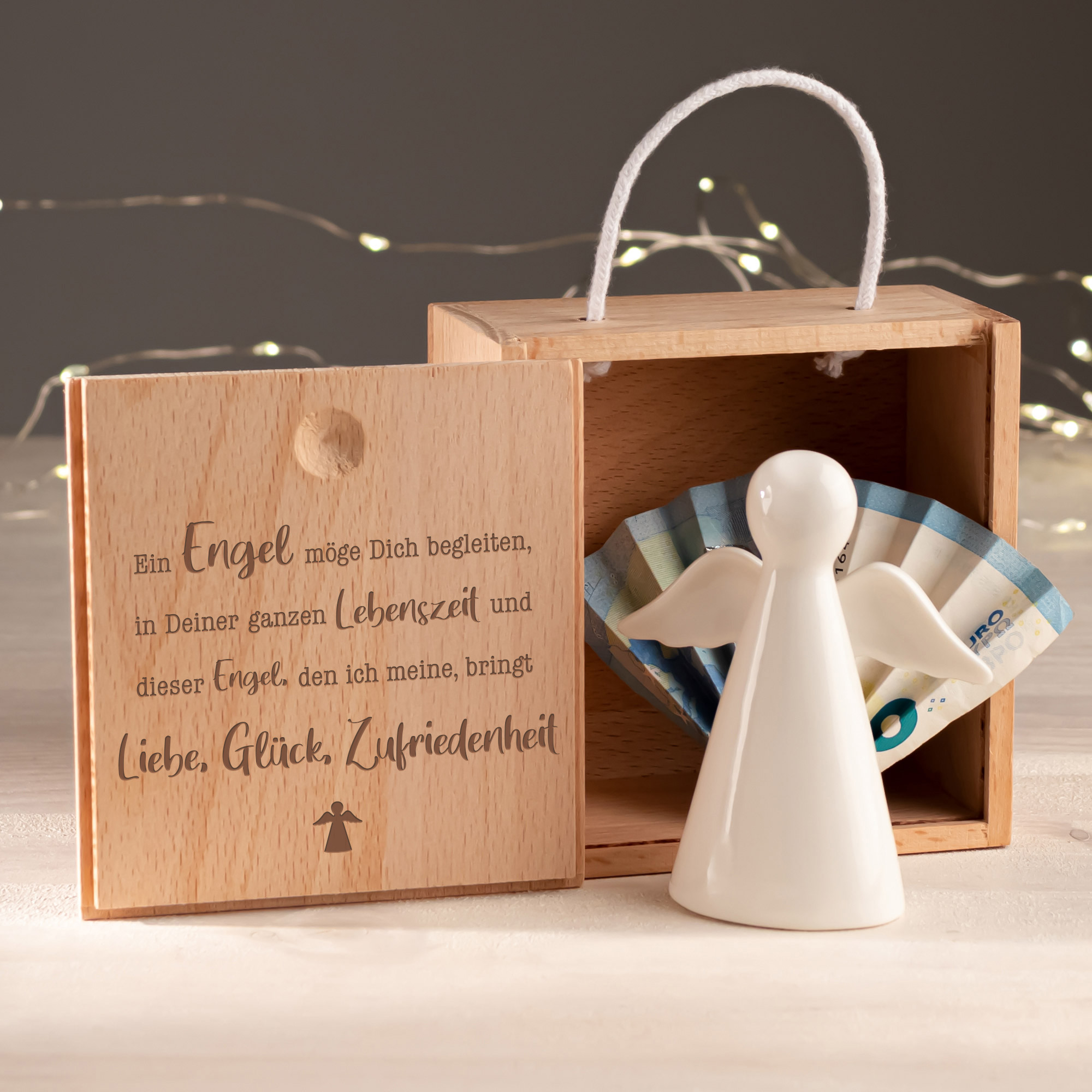 Schutzengel auf Geschenkschachtel Geldgeschenk Engel Box mit Spruch Glück 