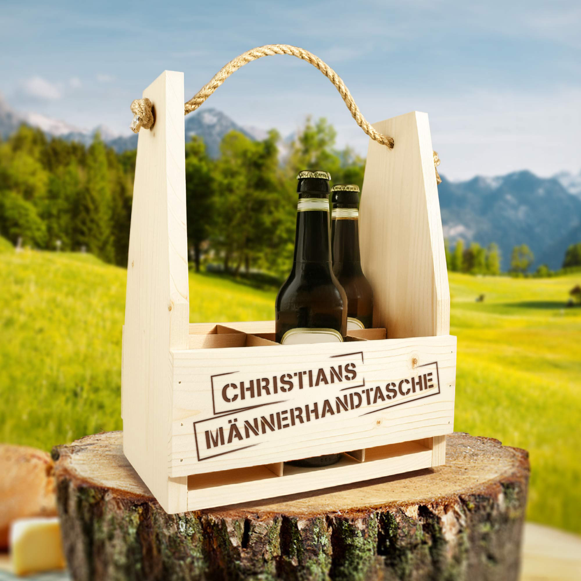 Flaschenträger 6-Fach aus Holz mit Gravur - Männerhandtasche Flaschenträger 6-Fach aus Holz mit Gravur - Männerhandtasche