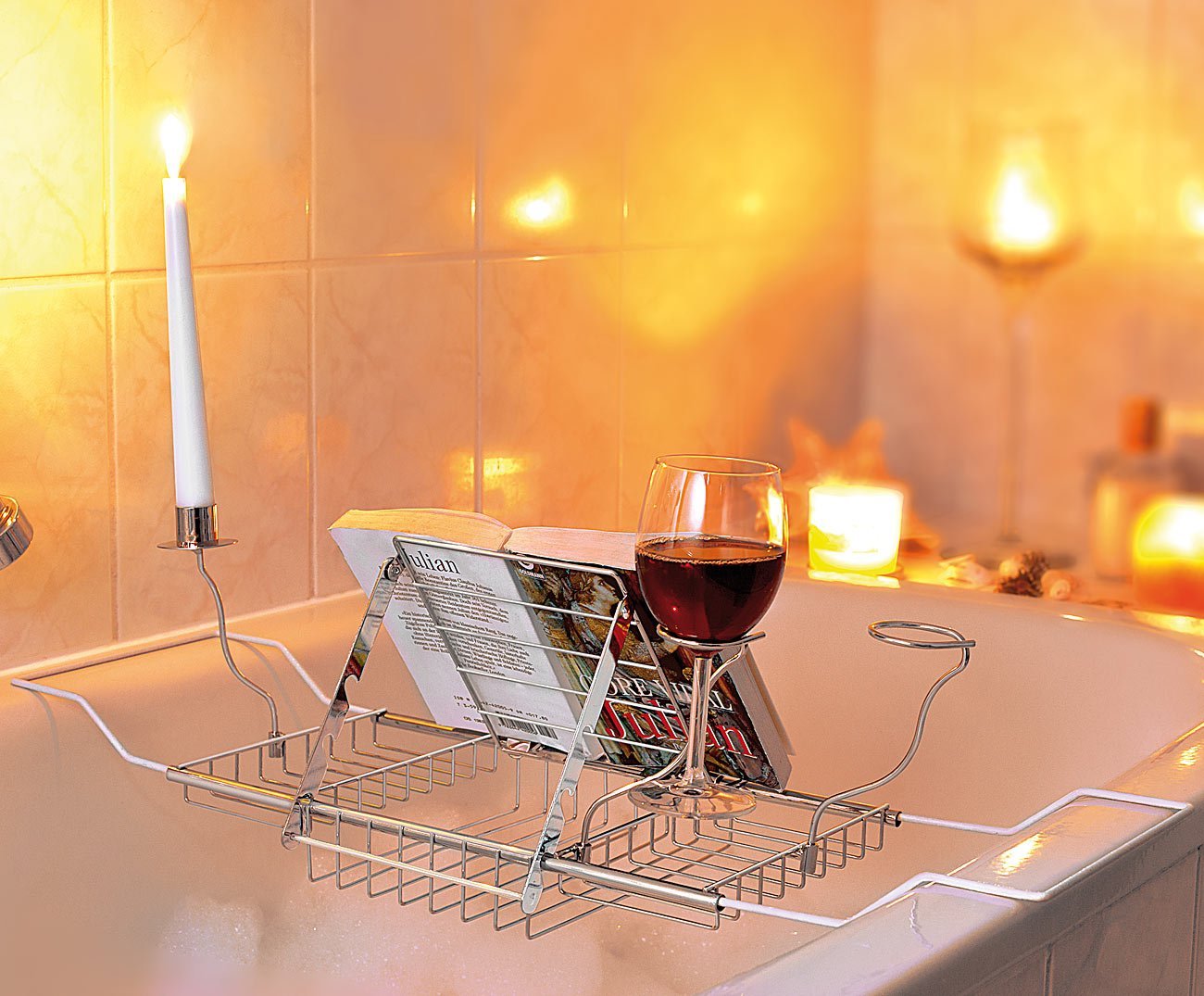 Badewannenablage - 3in1 Buchhalter, Kerzenständer & Weinglashalter