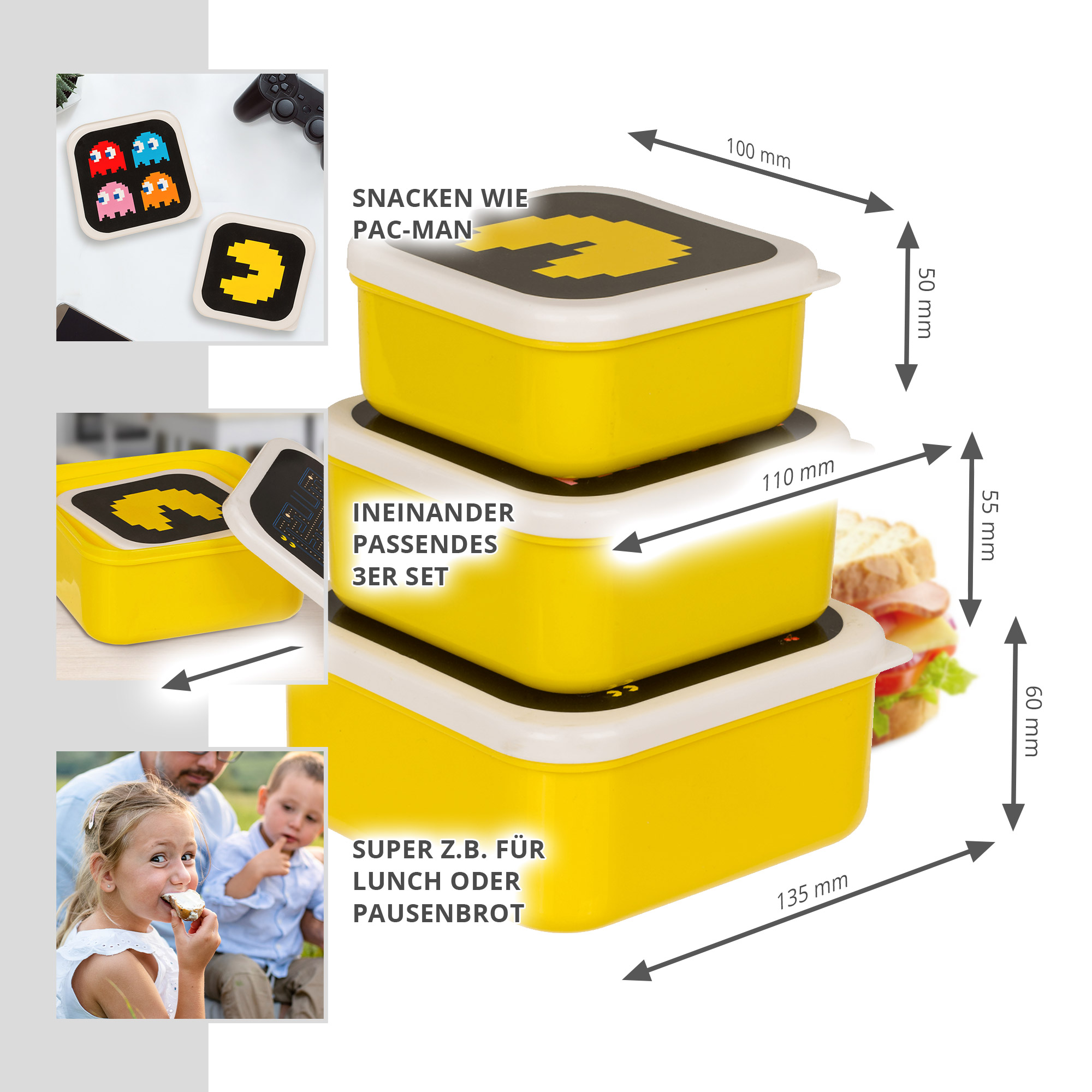 Pac Man Frühstücksdose, Brotbox mit Deckel, Brot Box Set, Brotdose für Kinder zur Einschulung, Butterbrotdose als Geschenk zum Schulanfang