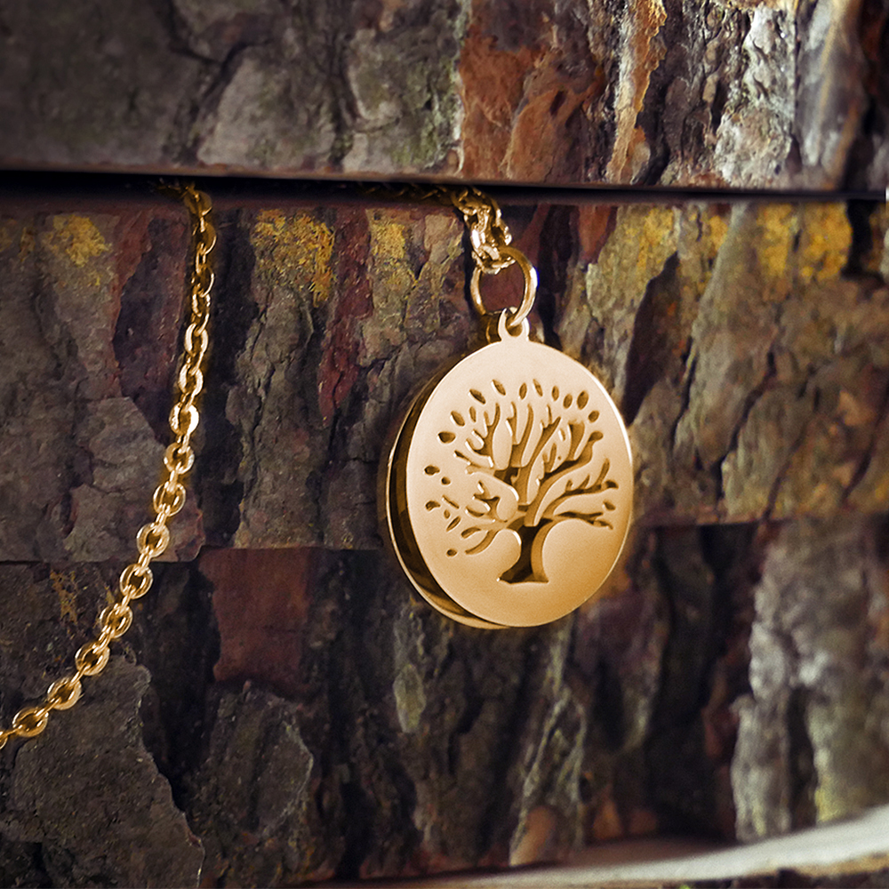 Kette mit Gravur und Lebensbaum-Anhänger - Jahresringe - Gold