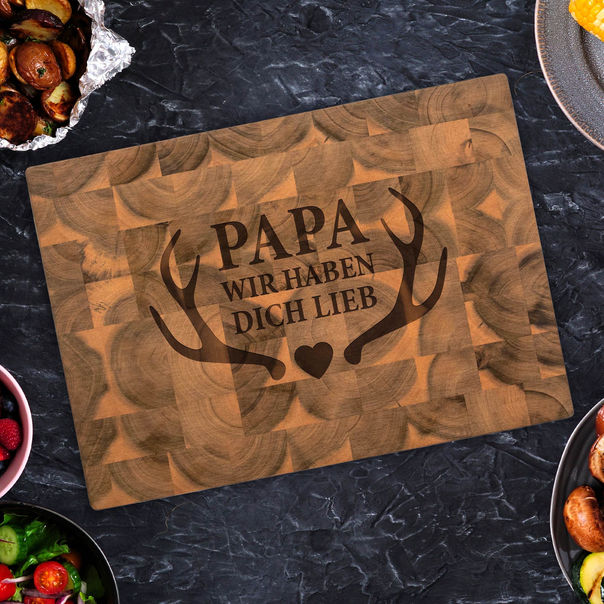 Premium Stirnholz Schneideblock Akazie für Papa - Geweih