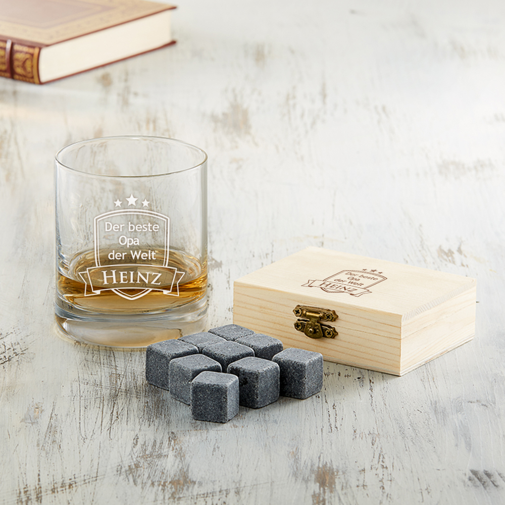 Set - Whiskyglas und Whiskysteine - Bester Opa - Wappen - Personalisiert