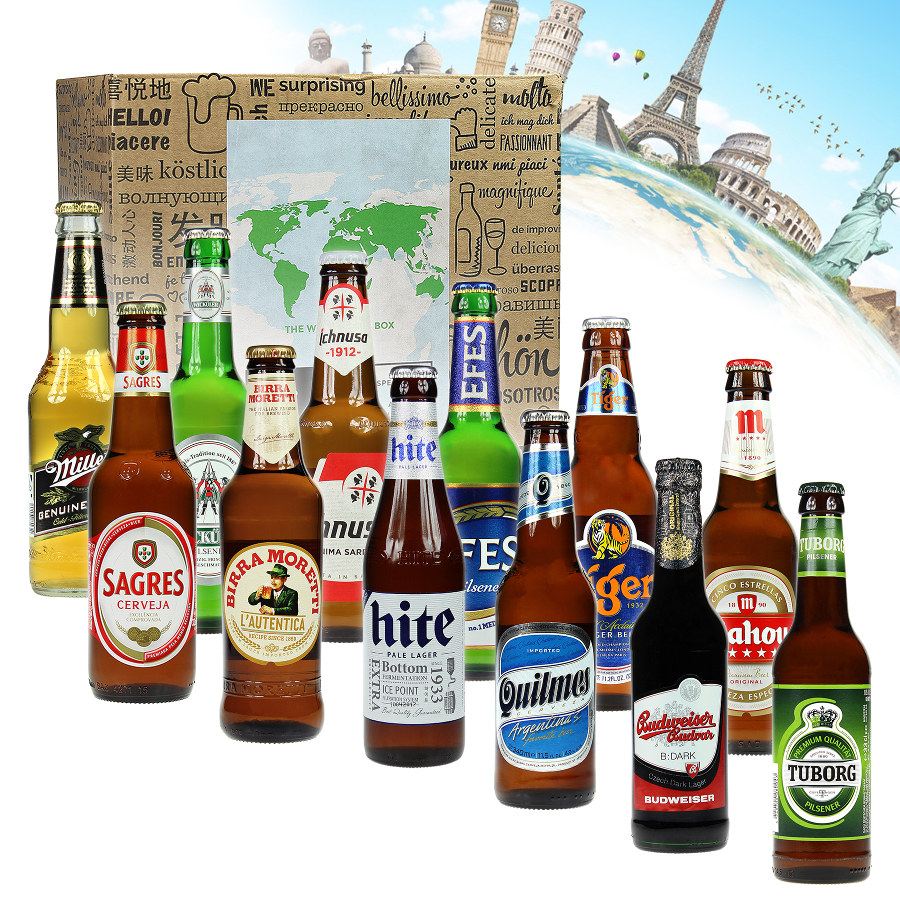 Bier Weltreise, 12 internationale Biere aus aller Welt (12 Ländern) - Bierweltreise XL in Geschenkbox bzw als Geschenkset für Männer