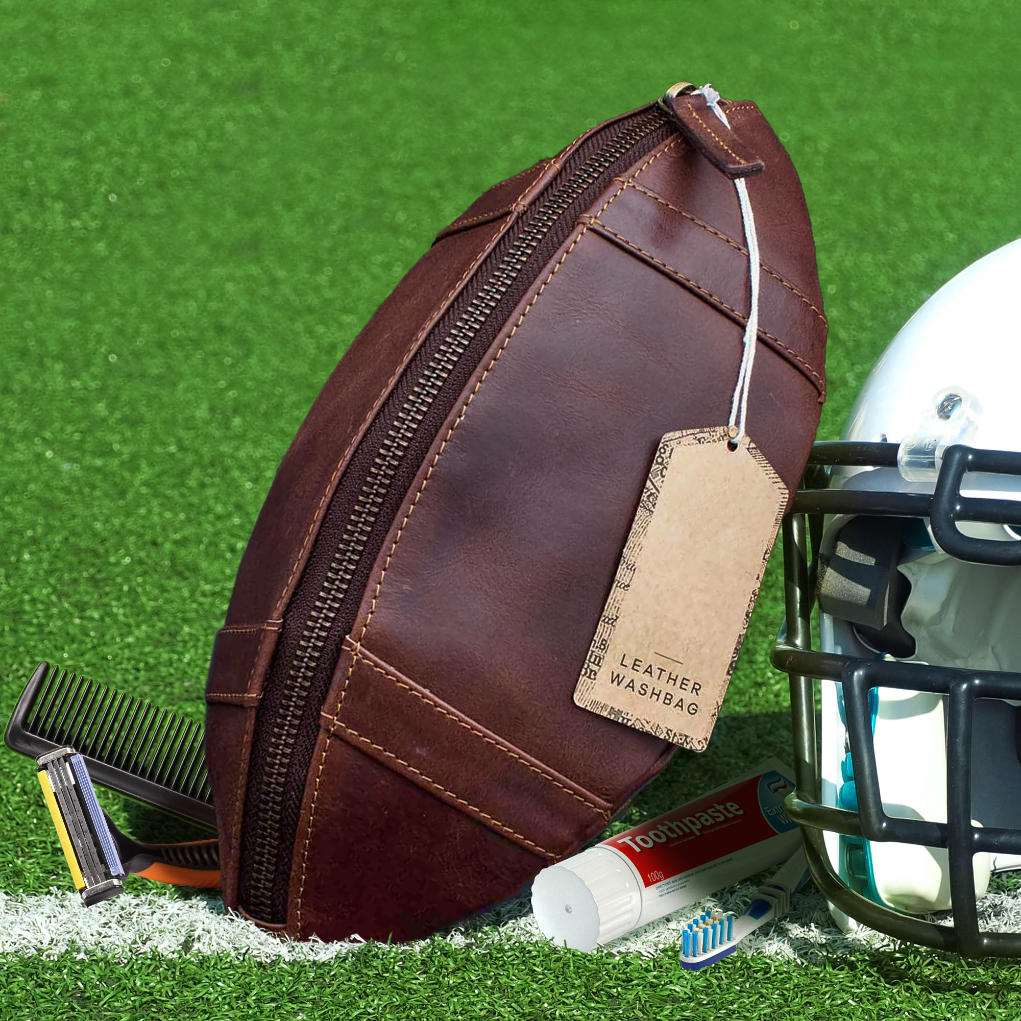American Football Kulturbeutel Football Kulturtasche für Reisen, Football Tasche als Reisenecessaire, Ledertasche in Footballform für Hygieneartikel, American Football Waschbeutel
