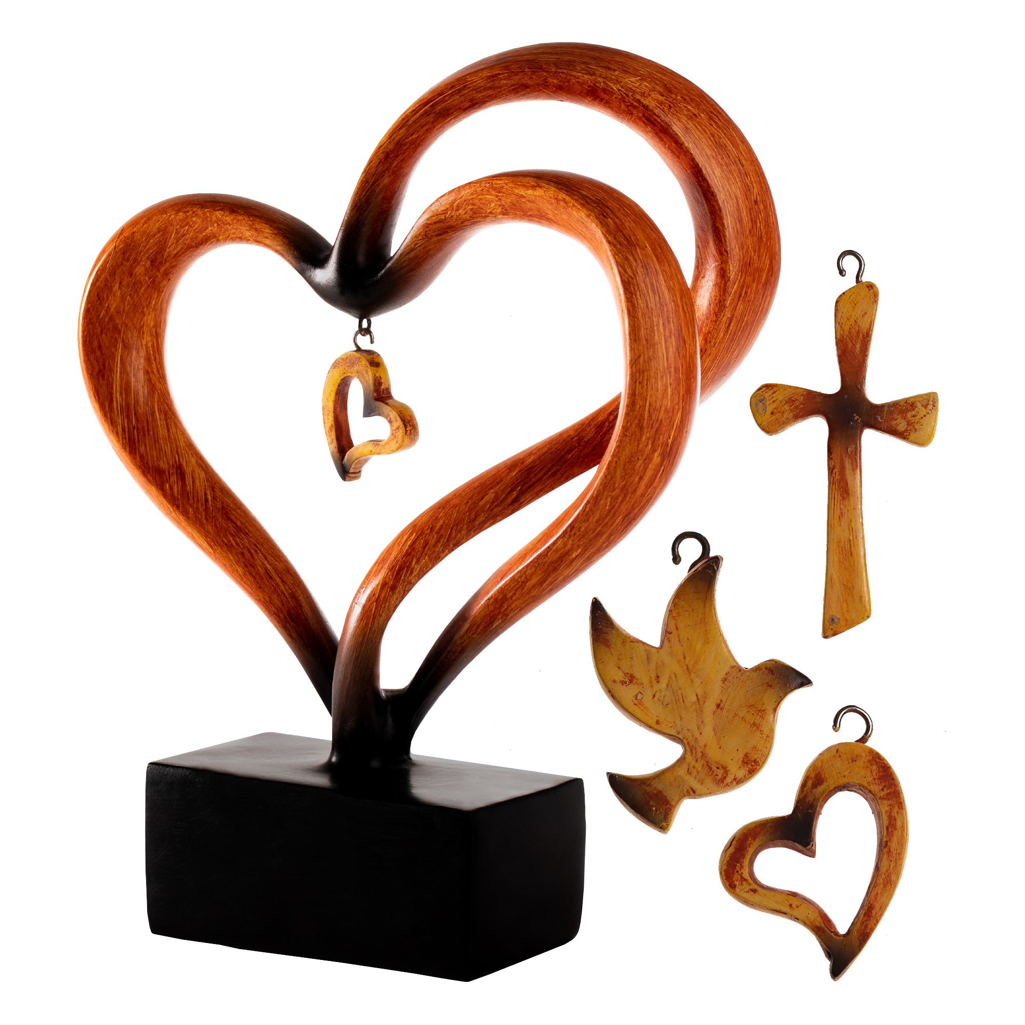 Deko Skulptur in Herzform in Holzoptik, Holz Herz als edle Dekofigur, stillvolles Dekoherz mit austauschbaren Taube-, Herz- und Kreuzanhängern