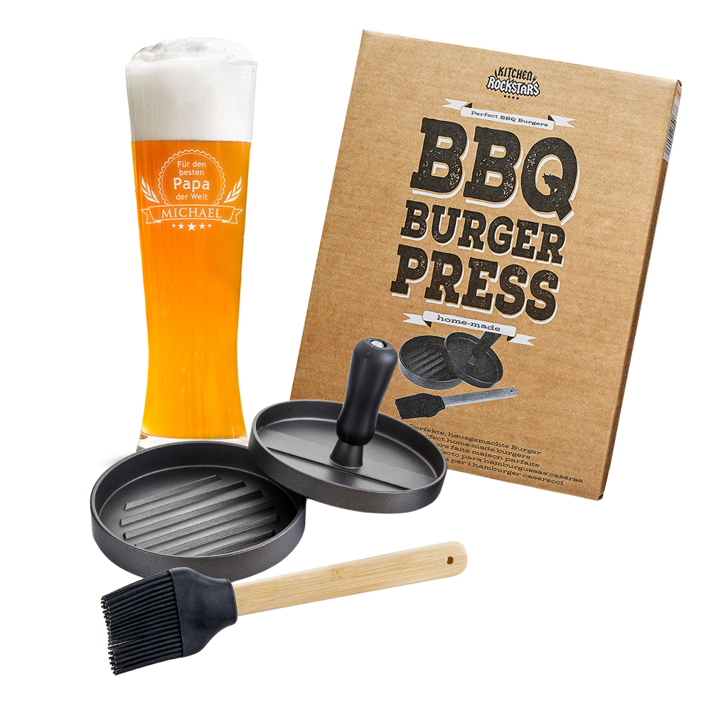 Grillset für Papa - Burgerpresse und Weizenglas mit Gravur Grillset für Papa - Burgerpresse und Weizenglas mit Gravur