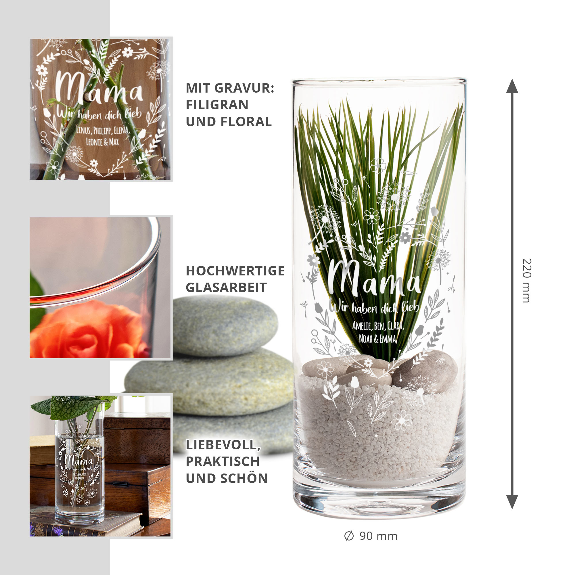 Runde Vase mit Blumenherz Gravur - personalisiert für Mama 2