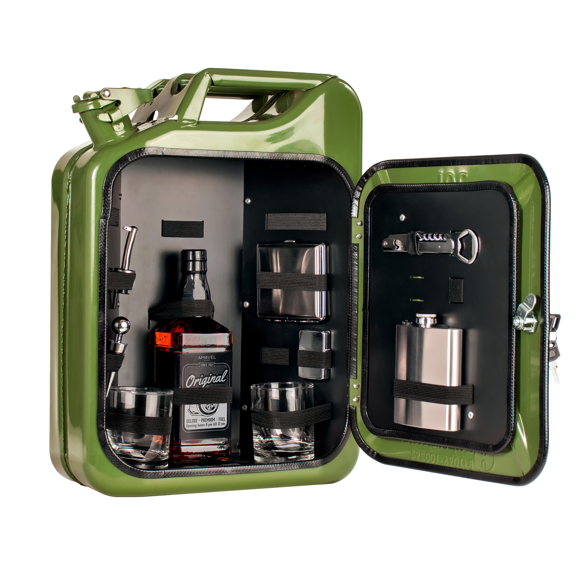 Mobile Mini Bar - Kanister Barschank mit Zubehör grün Kanister Bar mit 8-teiligem Zubehör, Hausbar im Vintage Look für Outdoor-Ausflüge, Kanister Minibar mit Stahlgehäuse, Wertiges Barzubehör in mode