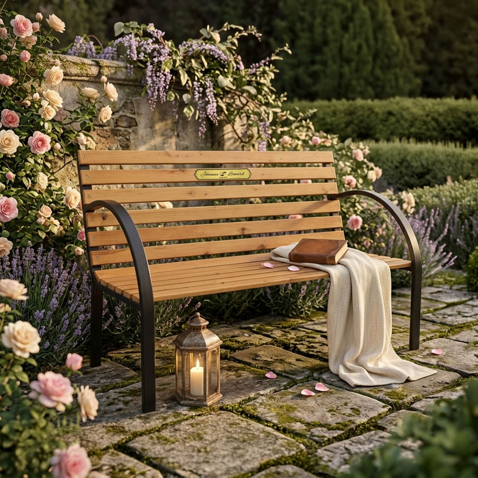 Gartenbank zur Hochzeit mit gravierter Plakette - Schwarz Gartenbank zur Hochzeit mit gravierter Plakette - Schwarz