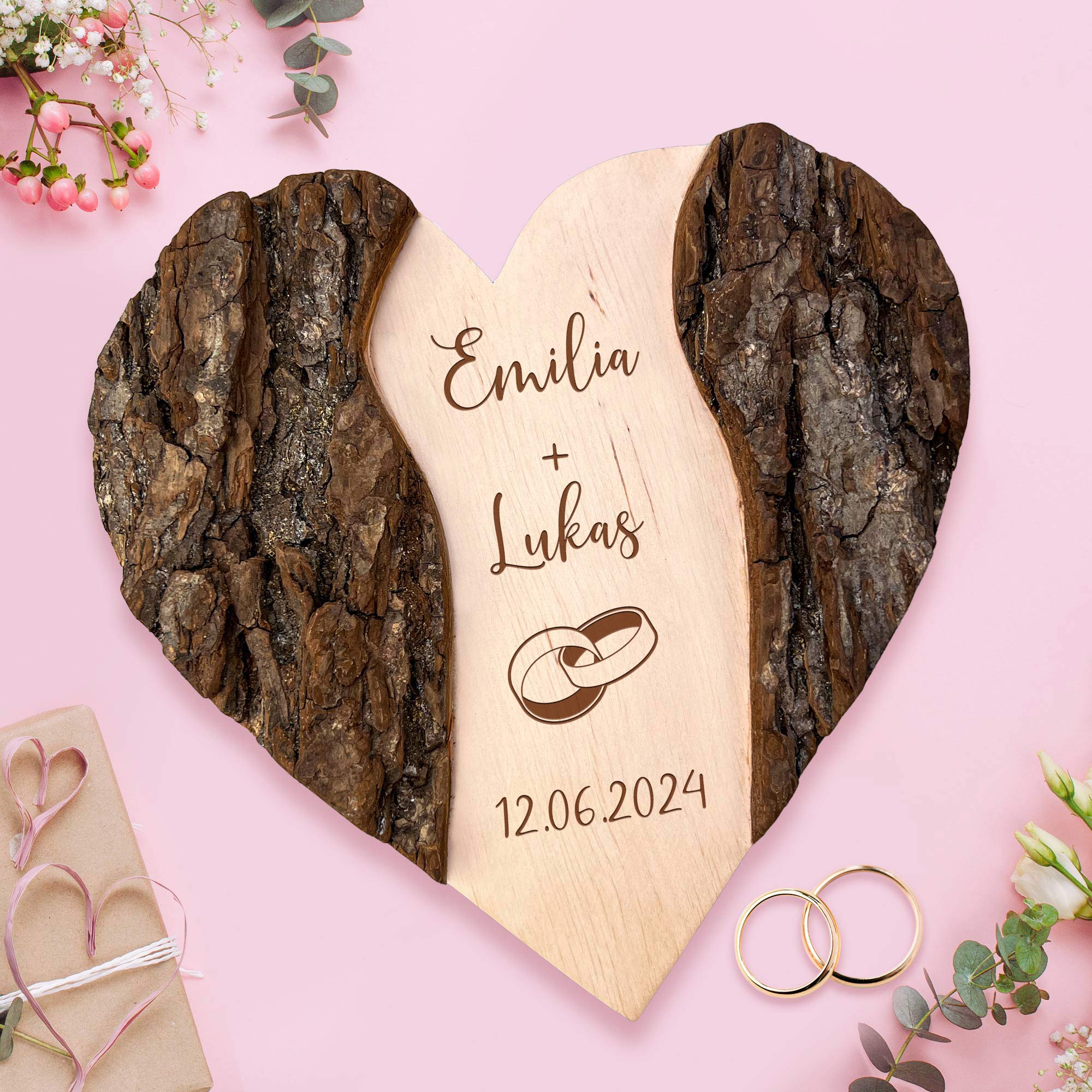 Herz mit Rinde - Hochzeit - Ringe - Personalisiert