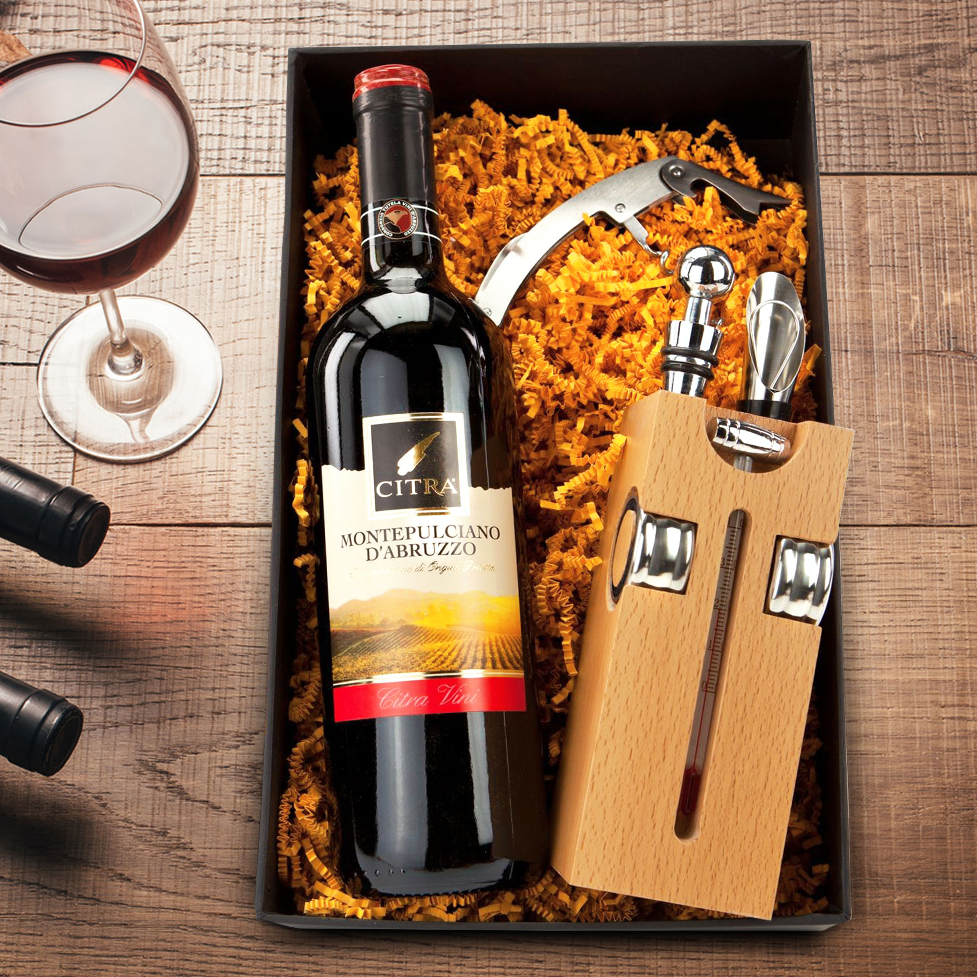 Geschenkset mit Sommelier Accessoires und Weinflasche Geschenkset mit Sommelier Accessoires und Weinflasche