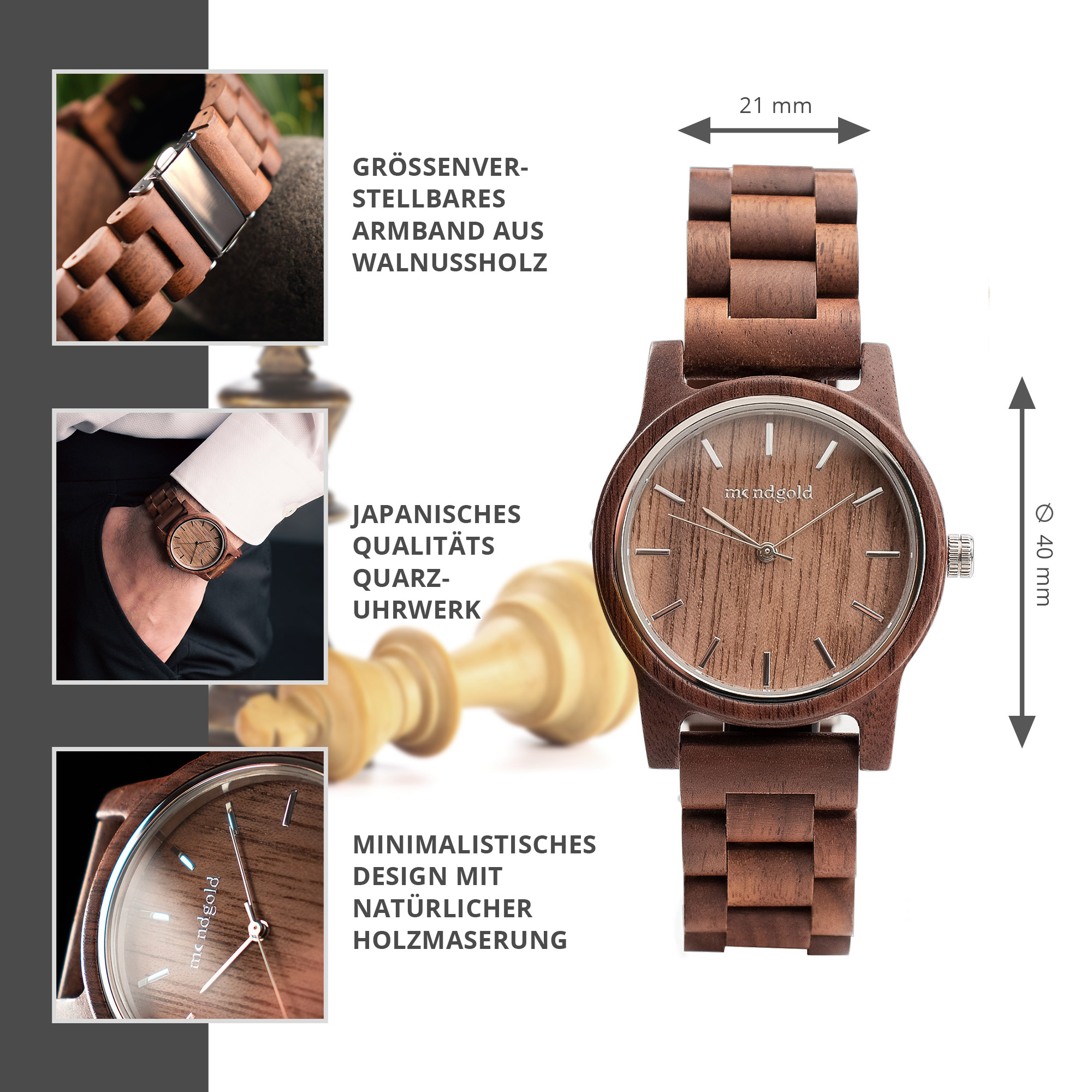 Unisex Armbanduhr aus umweltfreundlichem Walnussholz, Größenverstellbare Holzuhr, Echtholz Quarz Holzarmbanduhr für Damen und Herren