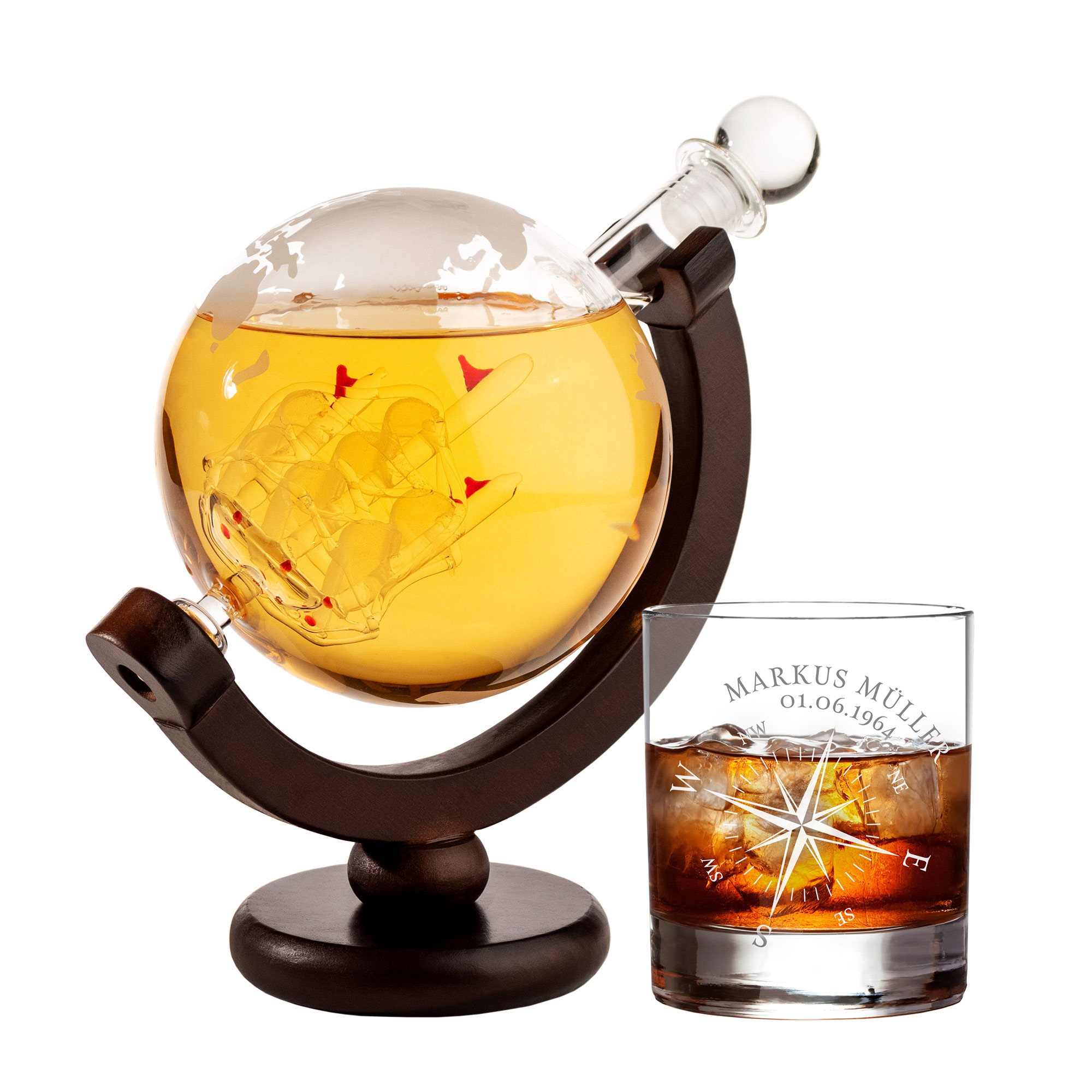 Whiskyset Karaffe Globus - graviertes Whiskyglas - Kompass