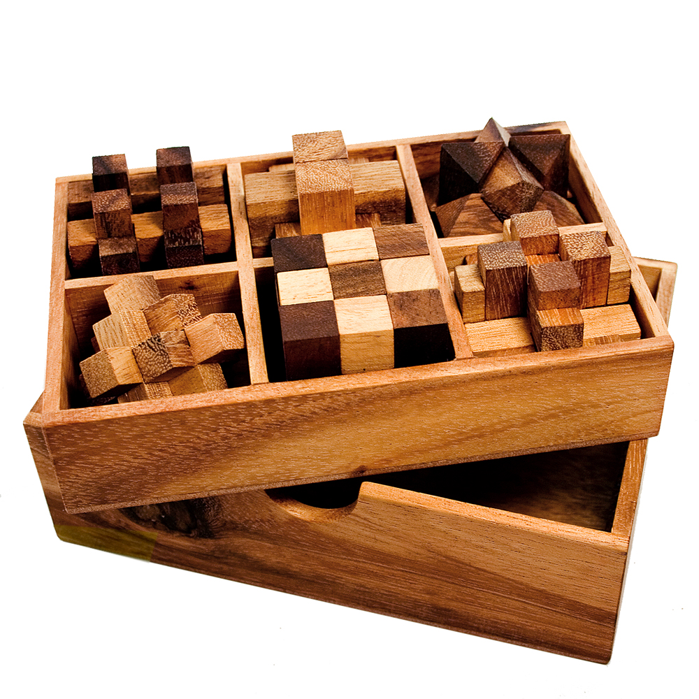 6er Set Knobelspiele in Holzbox, 6er Set Knobelspiele in Holzbox, Knobelspiel,, Rätsel