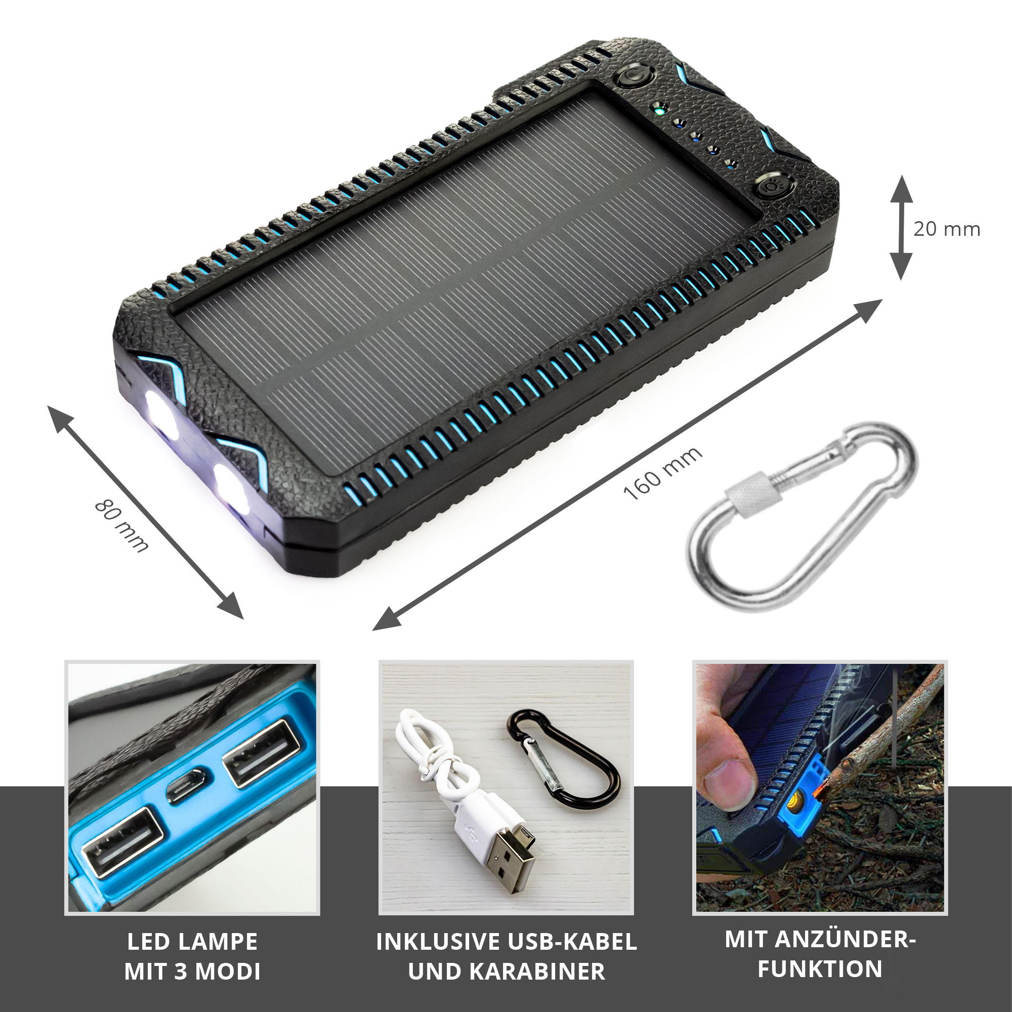 Solar Powerbank 20000 mAh - Ladegerät mit Taschenlampe 2