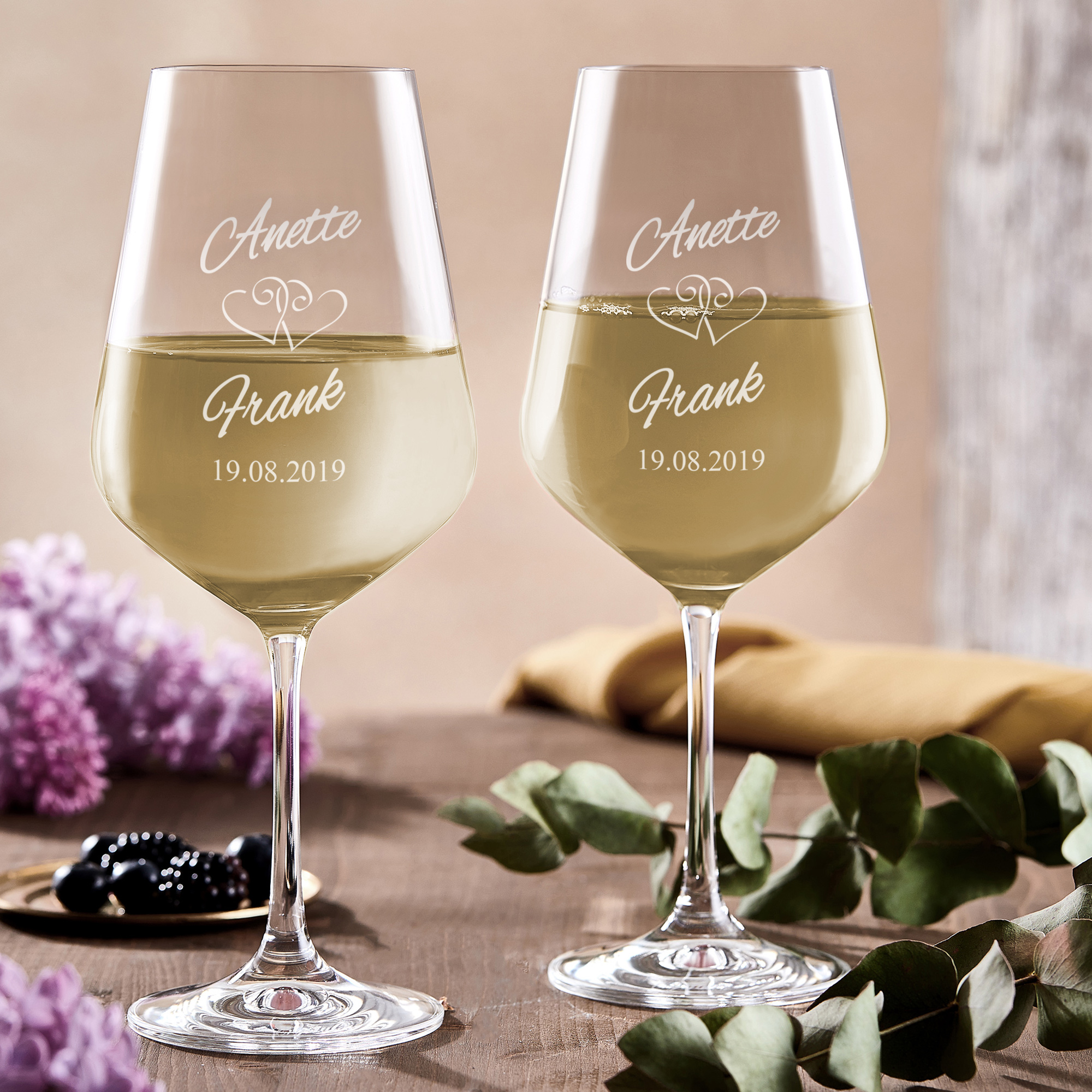 Set zur Hochzeit - 2 Weißweingläser und Flaschenpuzzle Dunkel - Personalisiert