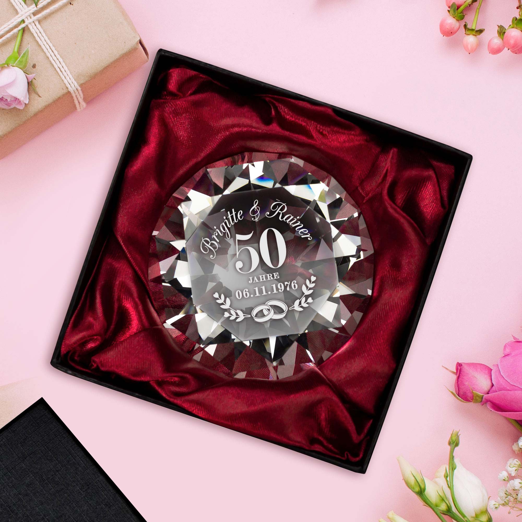 Diamant Kristall mit Gravur - Goldhochzeit