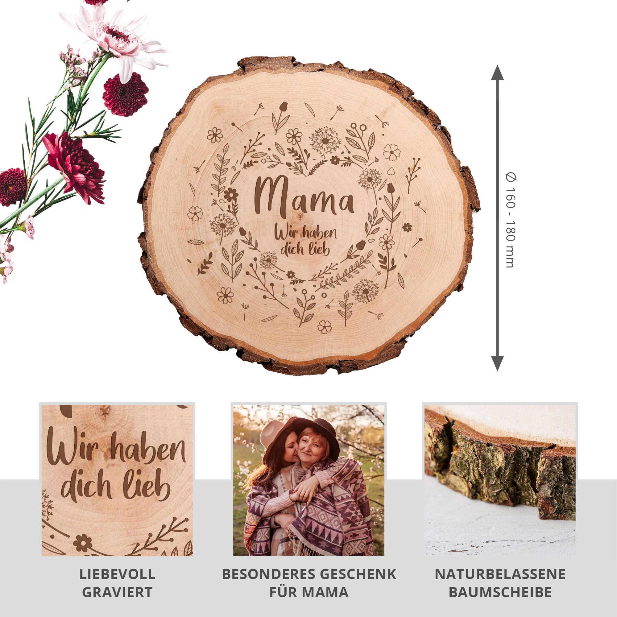 Astscheibe mit Gravur für Mama, Gravierte Holz Rundscheibe als Tischdeko, Dekoscheibe als Muttertagsgeschenk, Rundes Holzbrett mit Blumenherz Motiv