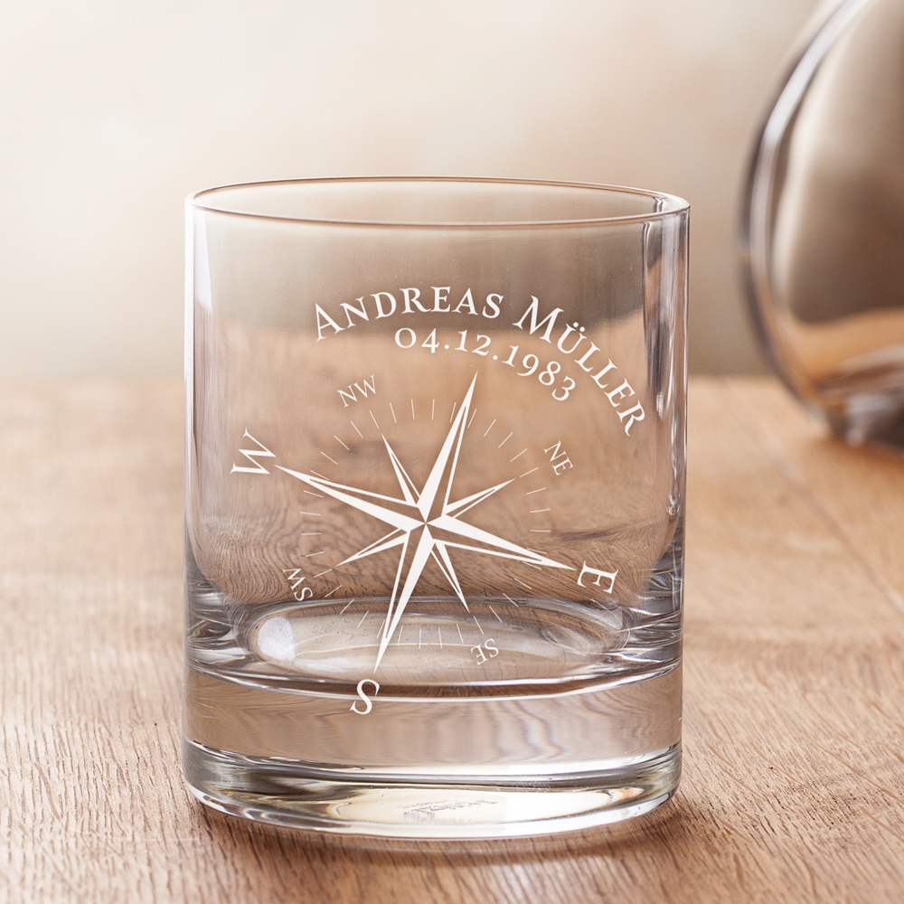 Whiskyglas mit Gravur - Kompass - Personalisiert Whiskyglas mit Gravur - Kompass - Personalisiert