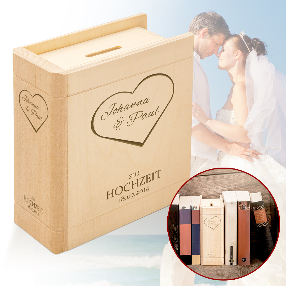 Sparbuch mit Gravur zur Hochzeit - Namen im Herzen Sparbuch mit Gravur zur Hochzeit - Namen im Herzen